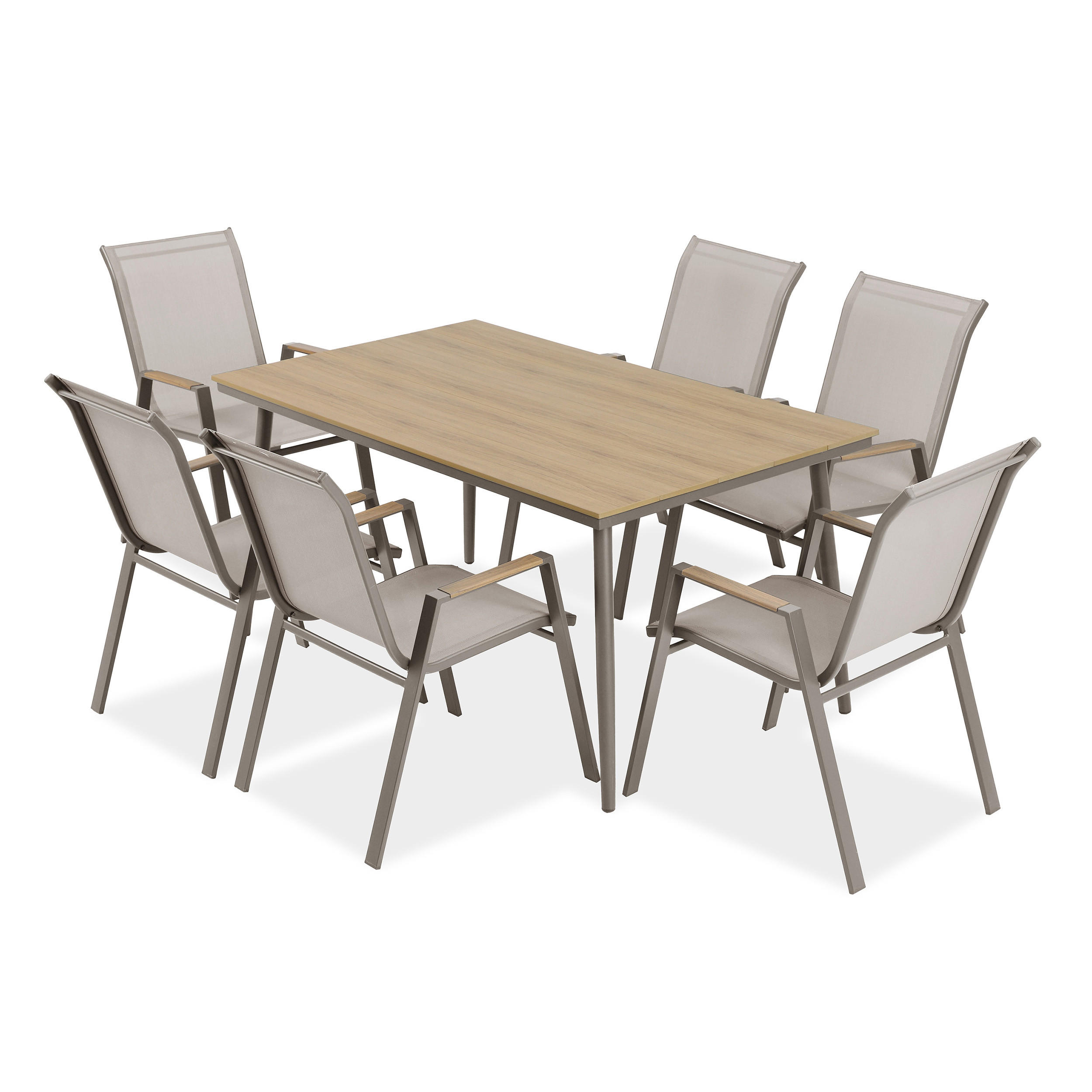 GARTENSET Valencia, 6 stapelbare Stühle + großer Esstisch 200x90 cm, Polywood-Tischplatte, Beige - Beige, Metall - Beautysofa