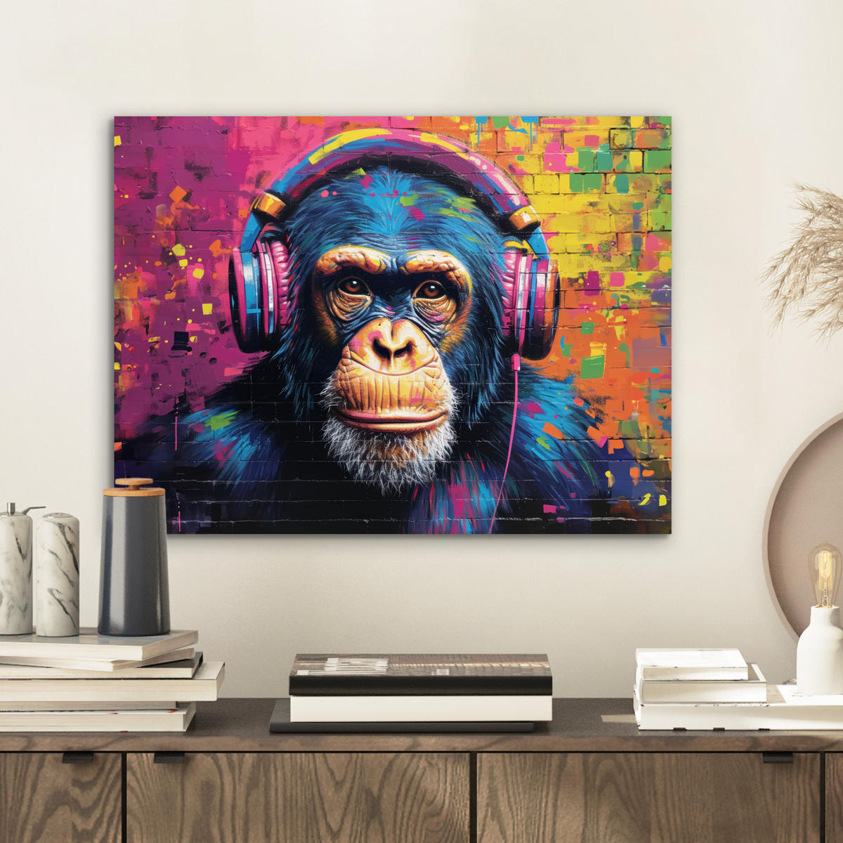 KOVOVÝ OBRAZ Graffiti - Šimpanz - Street art - Slúchadlá - Opica 40x30 cm - modrá, kov (40/30cm) - MuchoWow