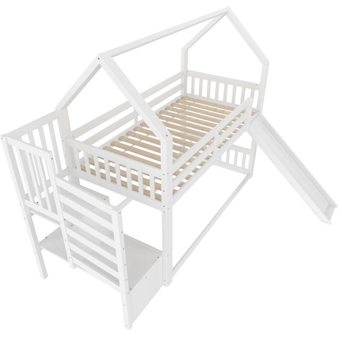 KINDERBETT 90x200 cm, Etagenbett mit Treppe, Stauraum, Rutsche & Schutzgitter, ohne Matratze, weiß - Weiß, Holz (90/200cm)