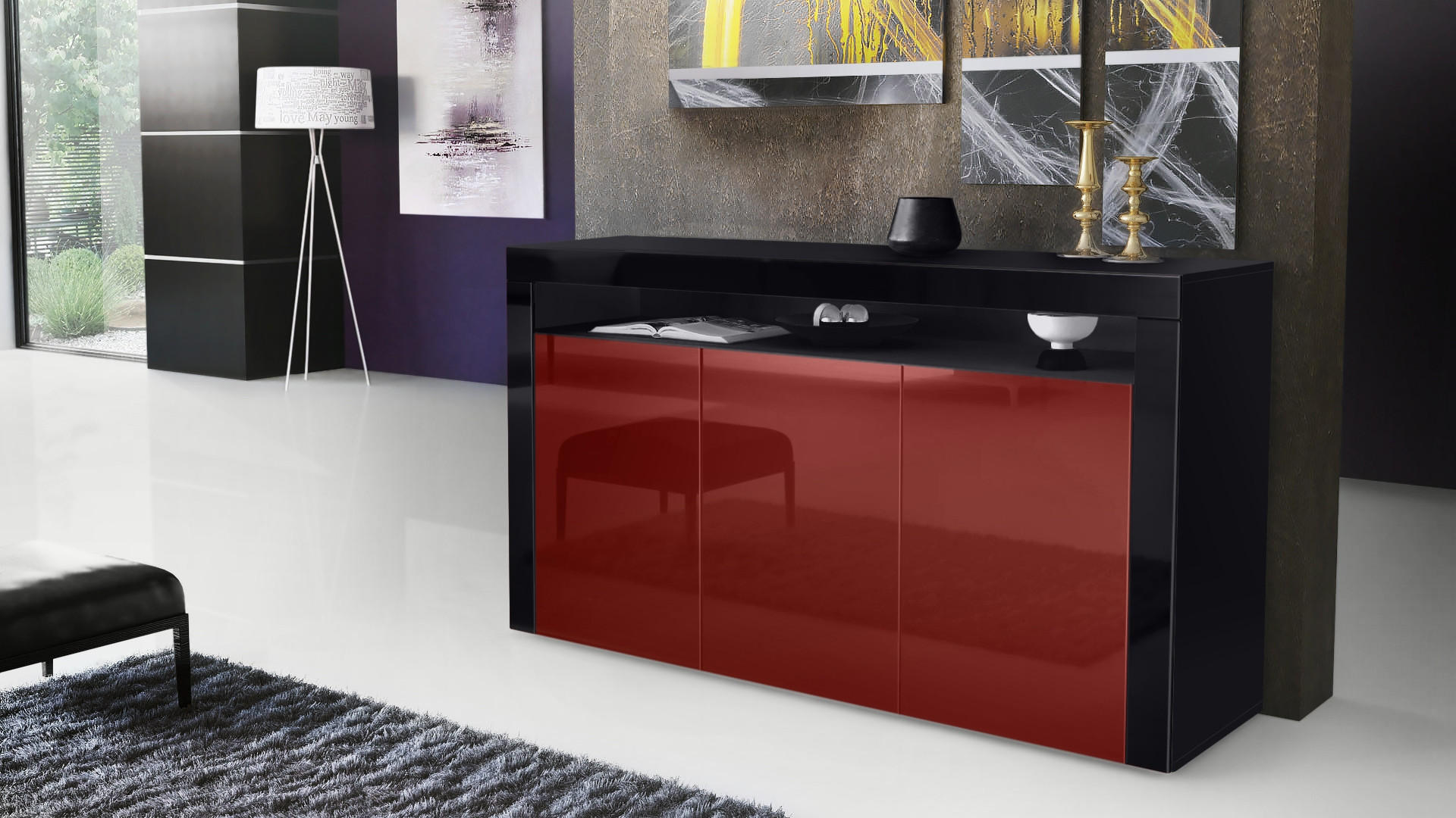 SIDEBOARD Valencia Bordeaux Hochglanz / Schwarz Hochglanz - Bordeaux, Holzwerkstoff (155/92/40cm) - Vladon