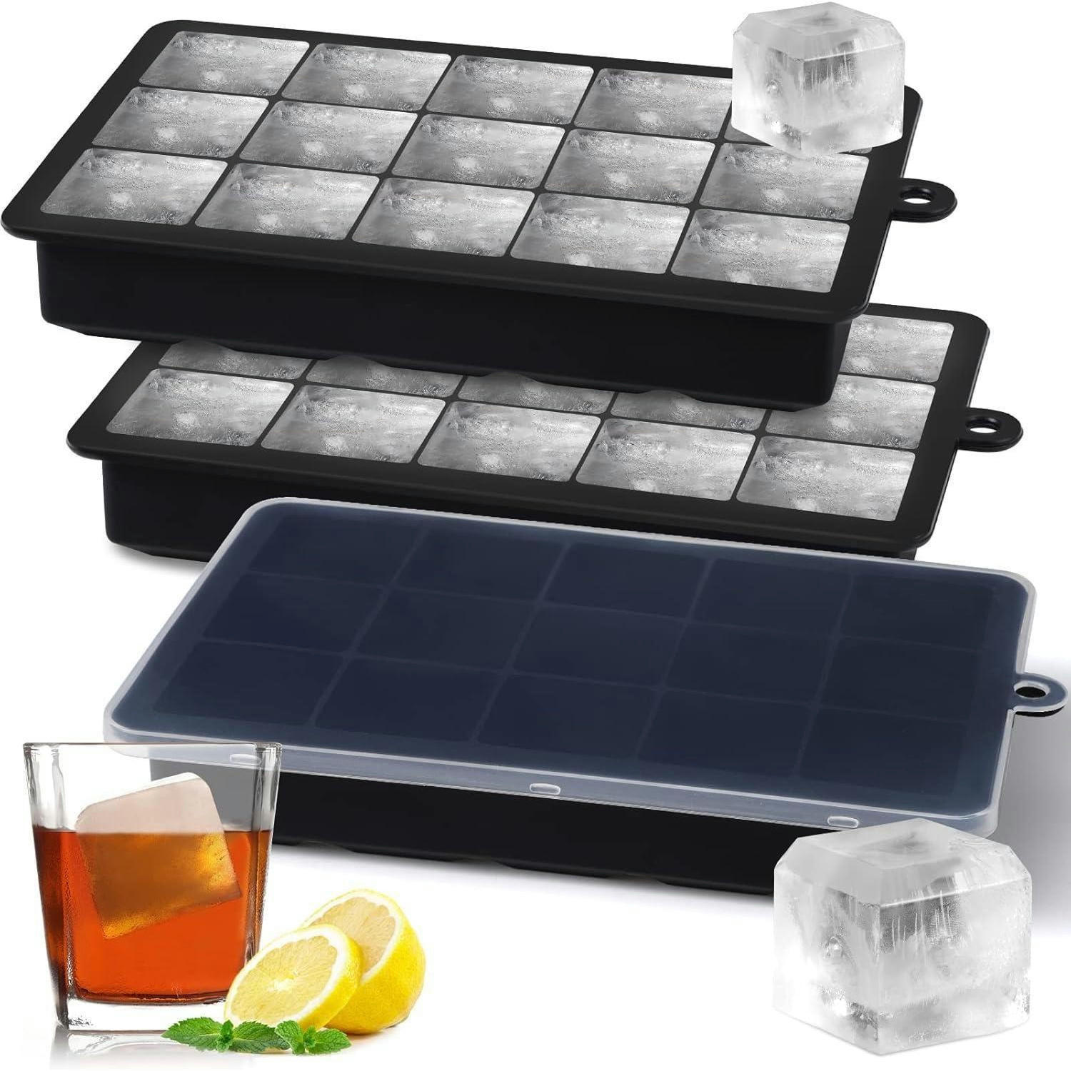 EISWÜRFELFORM 3er-Pack Schwarz mit Deckel - Schwarz, Kunststoff (12/3.5/20cm)