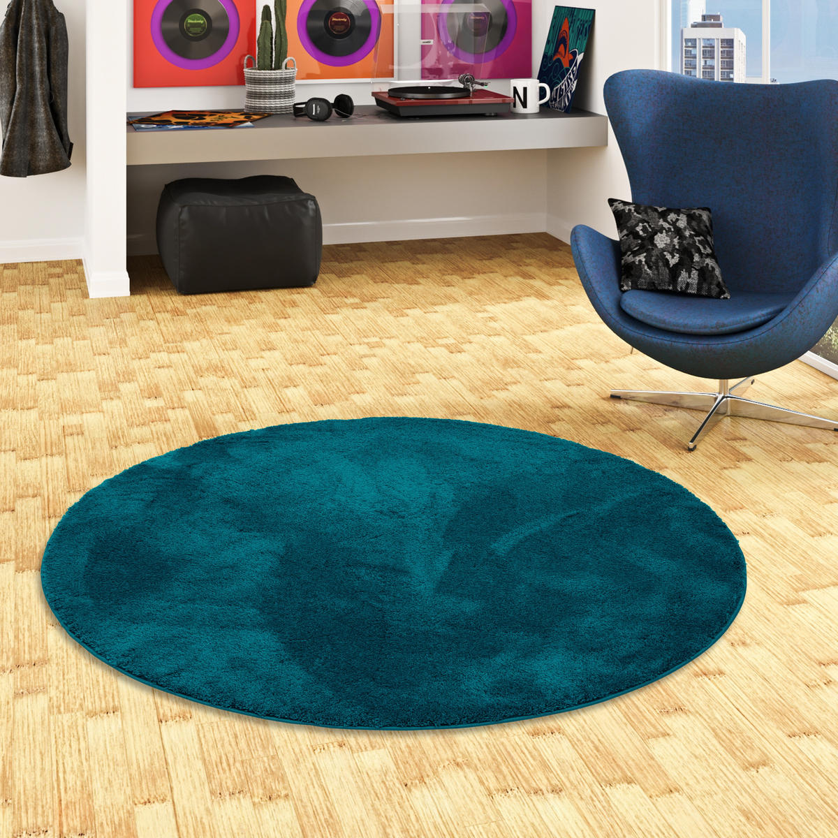 SUPER SOFT KINDER HOCHFLOR TEPPICH SILKY KIDS RUND - Petrol, Textil (160/160cm) - Pergamon