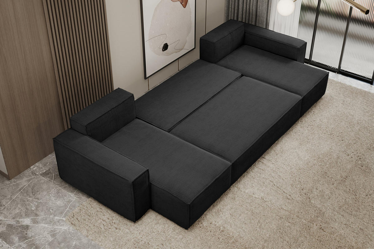 WOHNLANDSCHAFT Hugo U-Form Cordstoff mit Schlaffunktion und Bettkasten - Schwarz, Textil (312/83/142cm) - VENASI MÖBEL