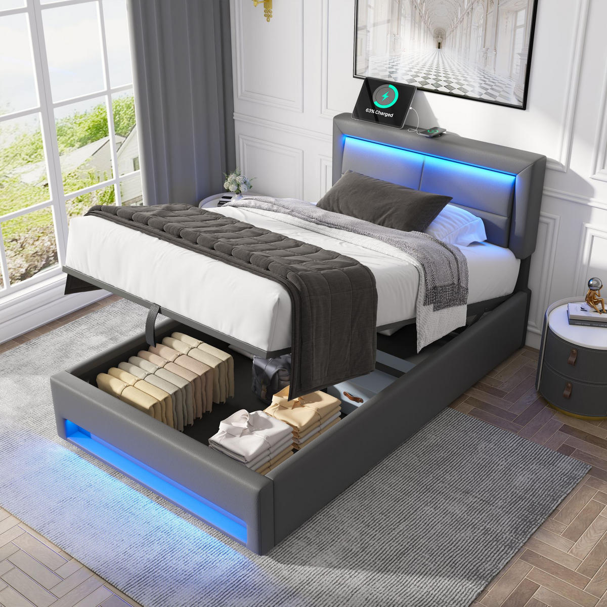 POLSTERBETT 90/200 cm Grau PU Litschi mit USB-Anschluss LED-Beleuchtung und Stauraum ohne Matratze - Grau, Kunststoff (90/200cm) - OKWISH