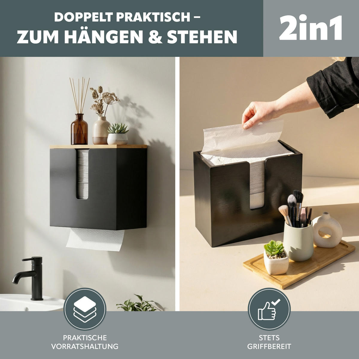 PAPIERHANDTUCHSPENDER mit Bambus-Einsatz - Schwarz, Holz (29/25/15cm) - eluno