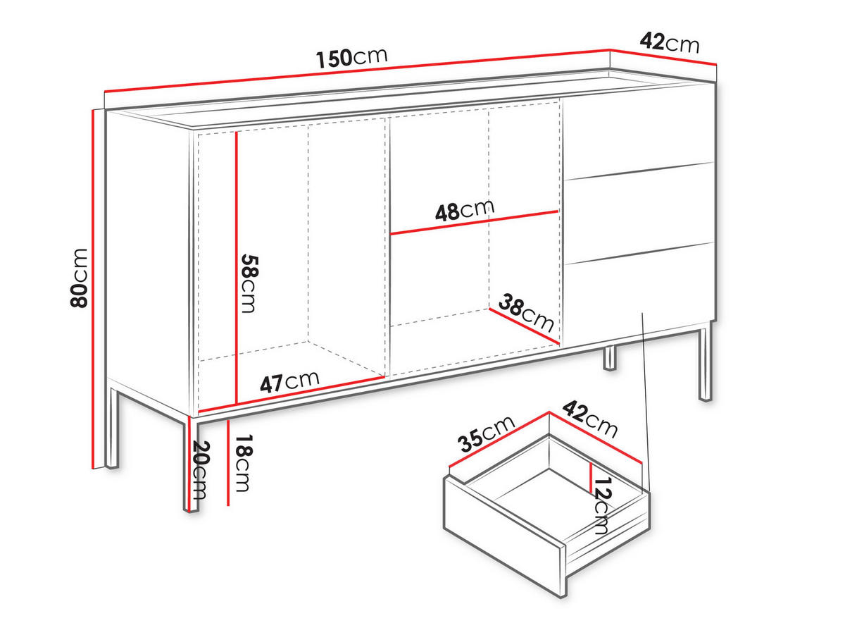 KOMMODE Como 150 2D3SZ - Schwarz/Eiche Artisan, Holzwerkstoff/Metall (150/80/42cm) - MIRJAN24