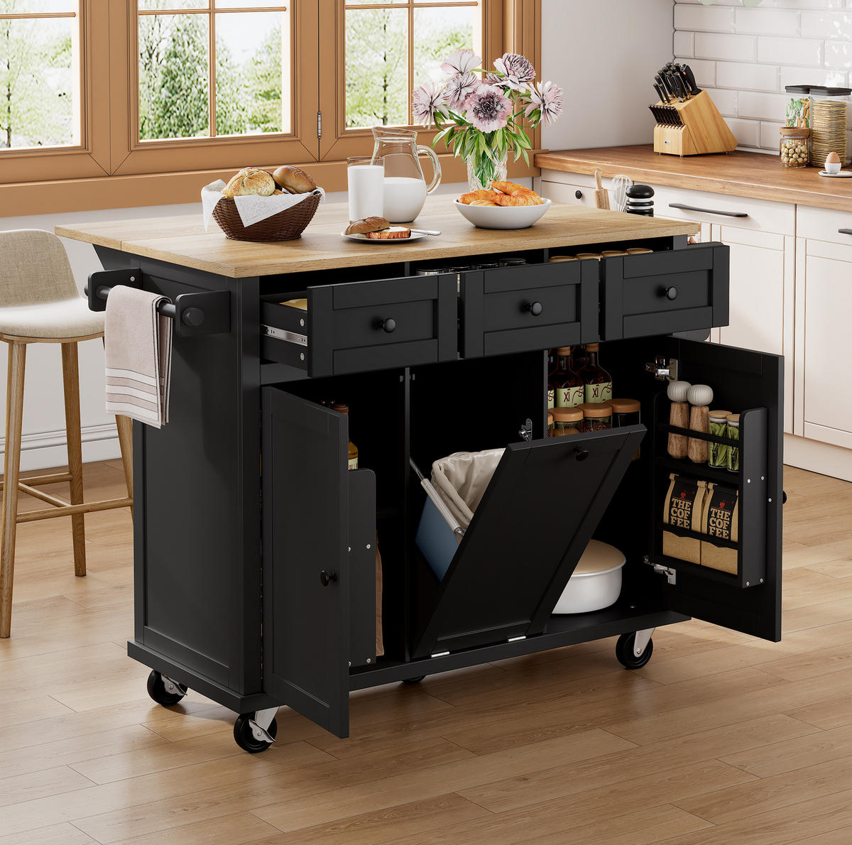 KÜCHENINSEL 112/46,2-76,2/92,7 cm aus MDF mit ausziehbarer Arbeitsplatte Schwarz/Natur - Schwarz, Holzwerkstoff (112/92.7/76.2cm) - Modenvie