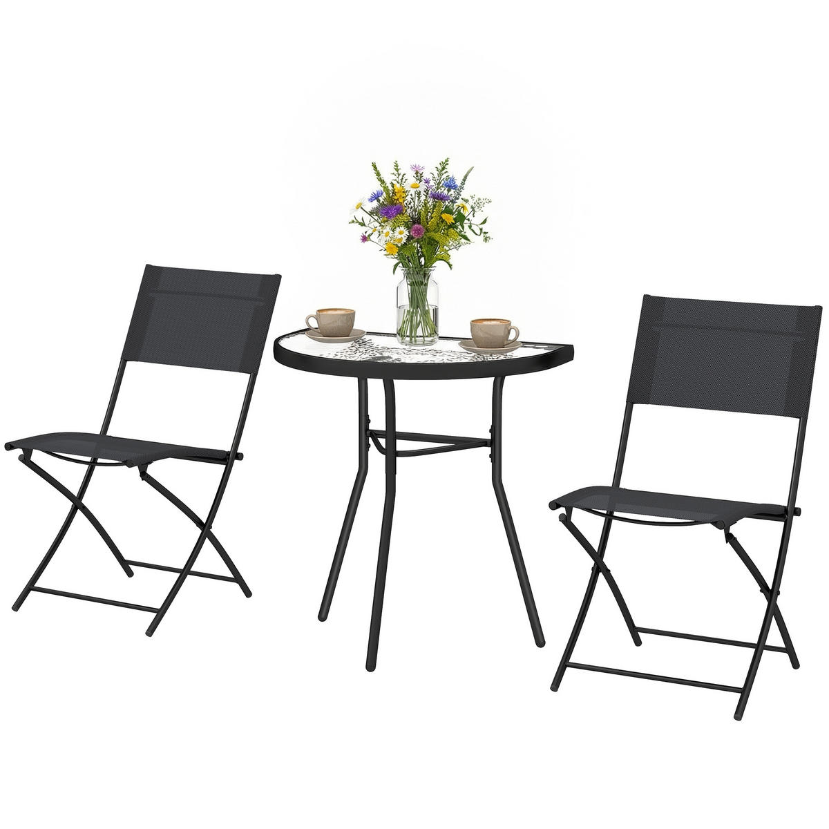 BALKONSET 3-teilig DE-14195 mit klappbaren Stühlen, halbrunder Glastisch Schwarz - Schwarz, Metall - ComfortXL