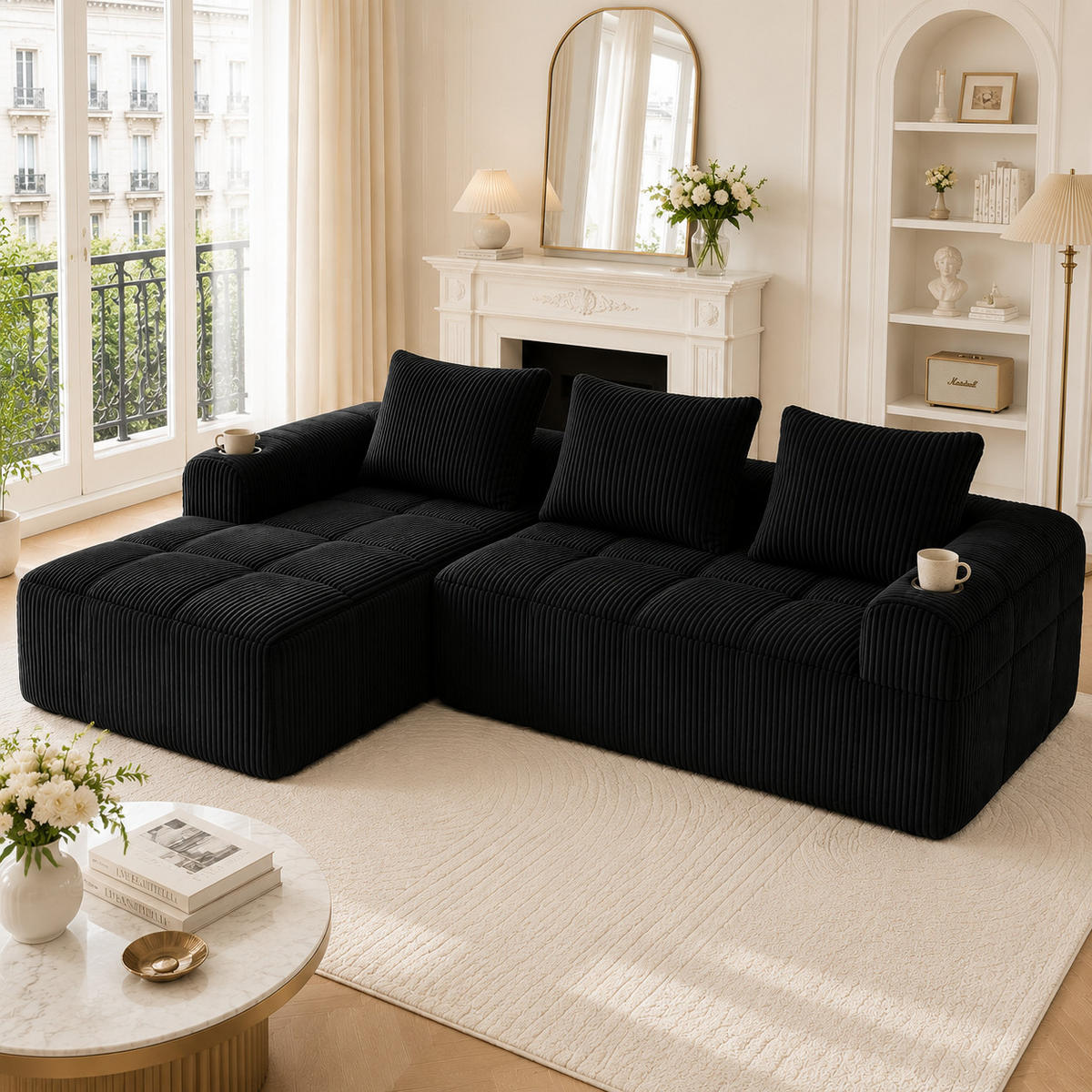 ECKSOFA DE-33721 mit Seitentasche und Becherhalter Schwarz - Schwarz, Textil (253/158cm) - ComfortXL