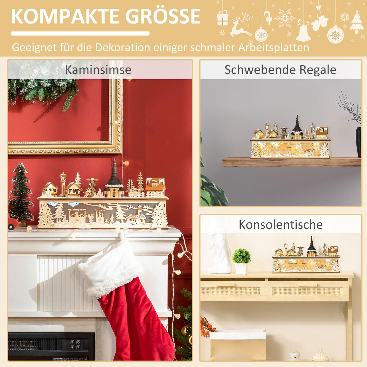 WEIHNACHTSDEKO Verschneites Weihnachtsdorf mit 10 LEDs Natur 45 x 10 x 25 cm - Naturfarben, Holz (10/25/45cm) - HOMCOM