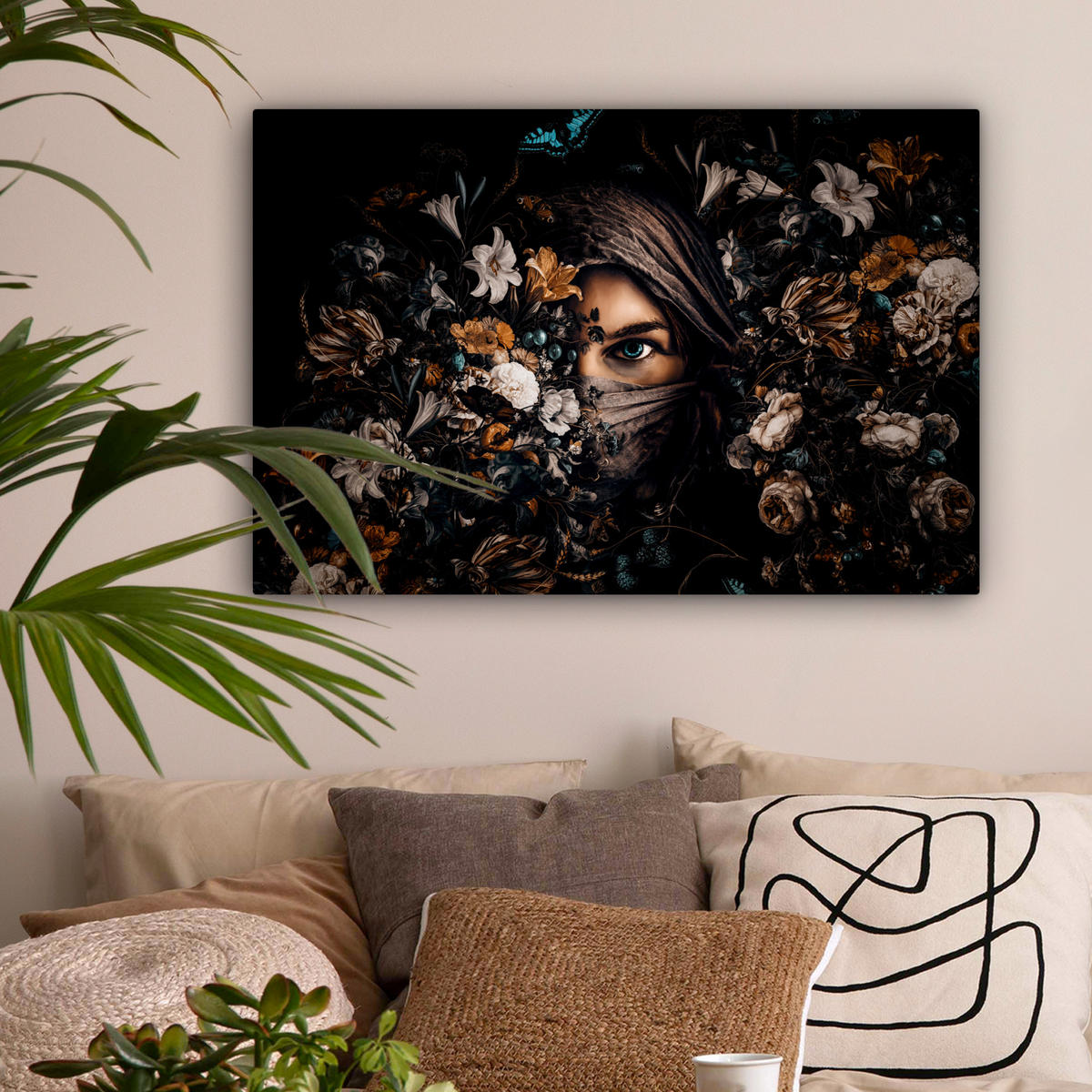 LEINWANDBILD Frau - Luxus - Blumen - Schmetterling - Porträt Gemälde 60x40 cm - Schwarz, Textil (60/40cm) - MuchoWow