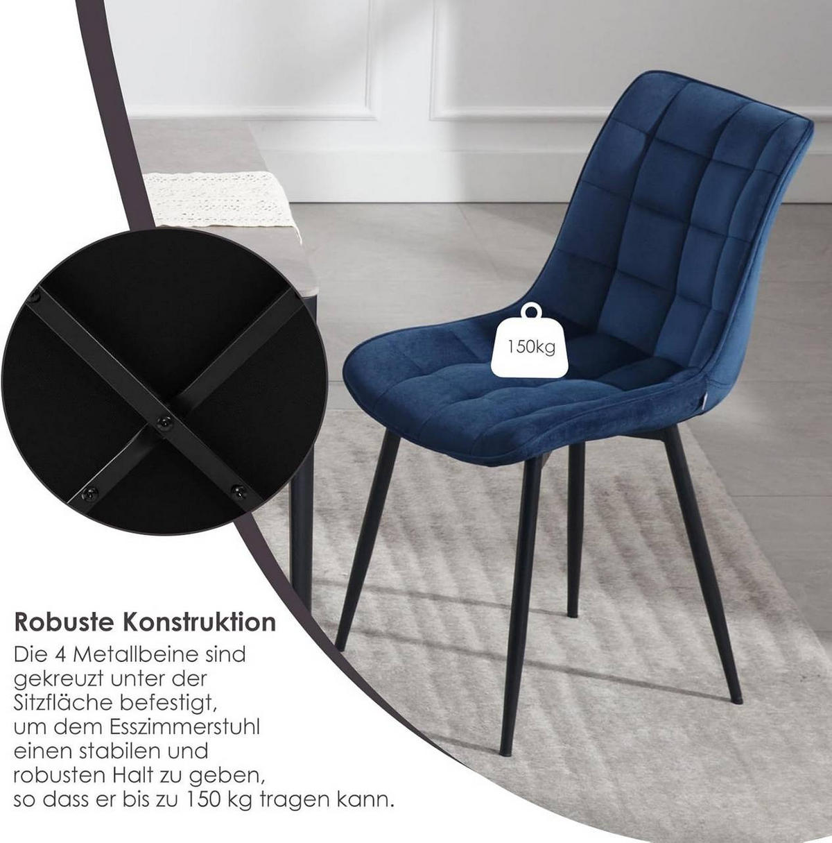 ESSZIMMERSTUHL 4er Set, Samt, Metallbeine, Blau - Blau/Schwarz, Textil/Metall (46/85.5/40.5cm) - Woltu
