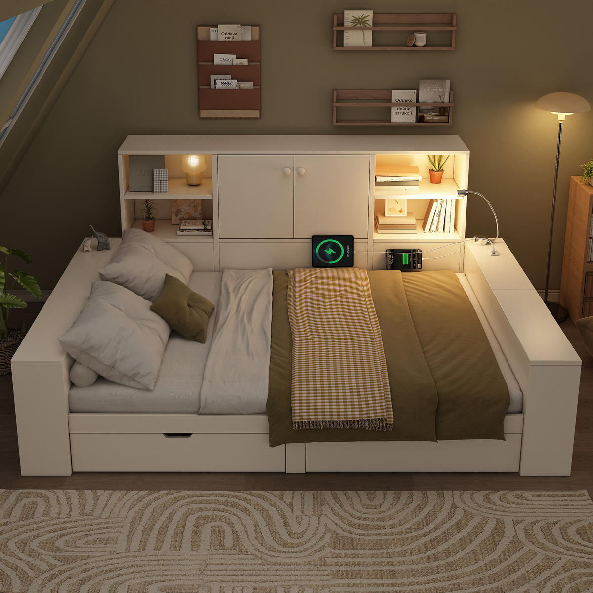 BETT mit Stauraum 140x200 cm Weiß mit USB und Schubladen - Weiß, Holzwerkstoff (140/200cm) - Meubliv