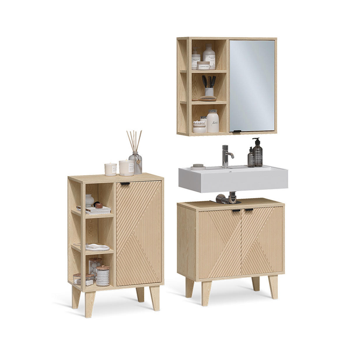 BADMÖBEL-SET Arven, Eiche, 3-er Set mit Midischrank - Eichefarben, Holzwerkstoff (60/60/30cm) - Vicco