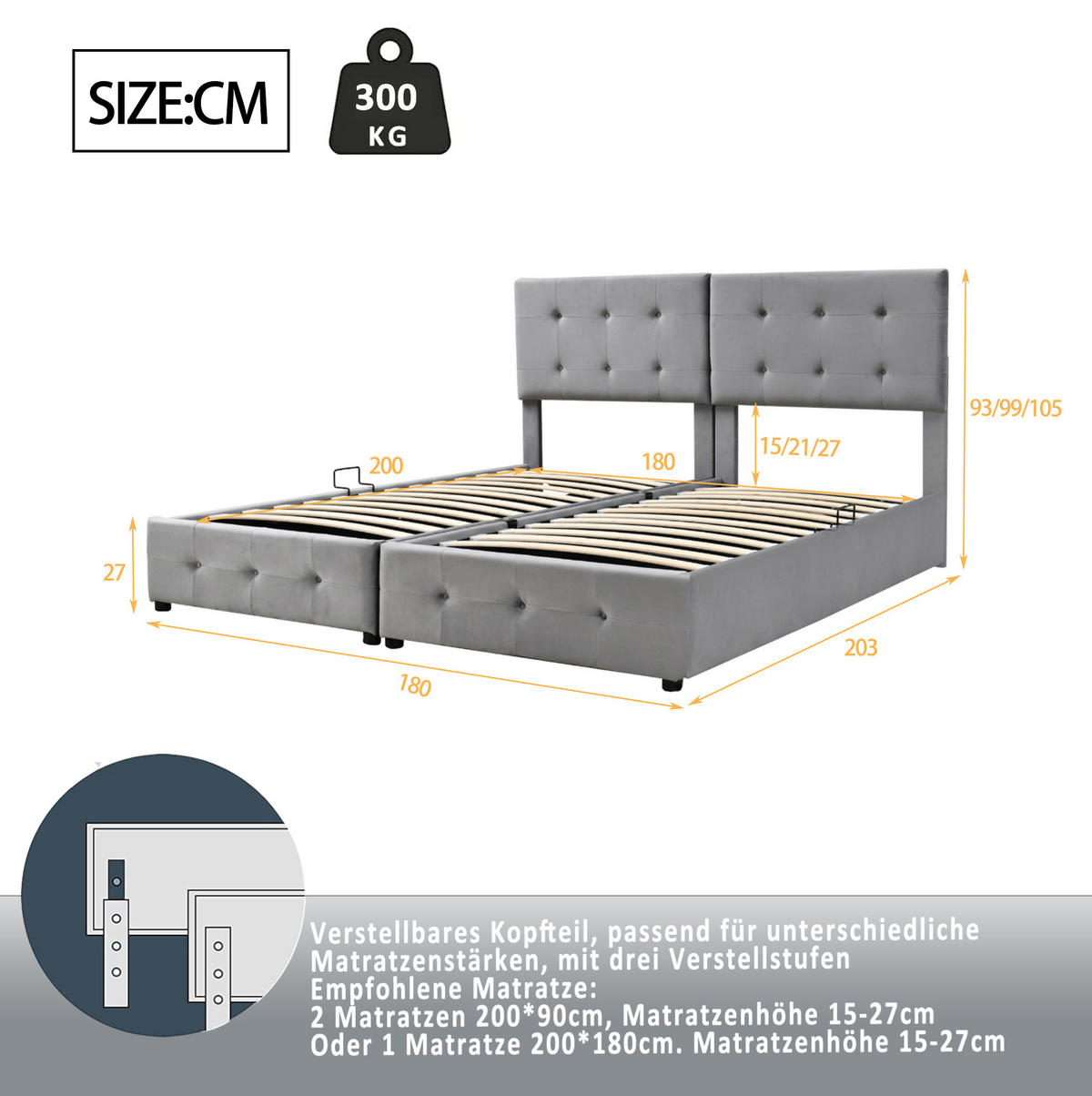 POLSTERBETT aus Samtstoff 180x200 cm Grau mit hydraulischem Stauraum, verstellbarem Kopfteil und 2-in-1-Funktion - Grau, Textil (180/200cm) - Modfu