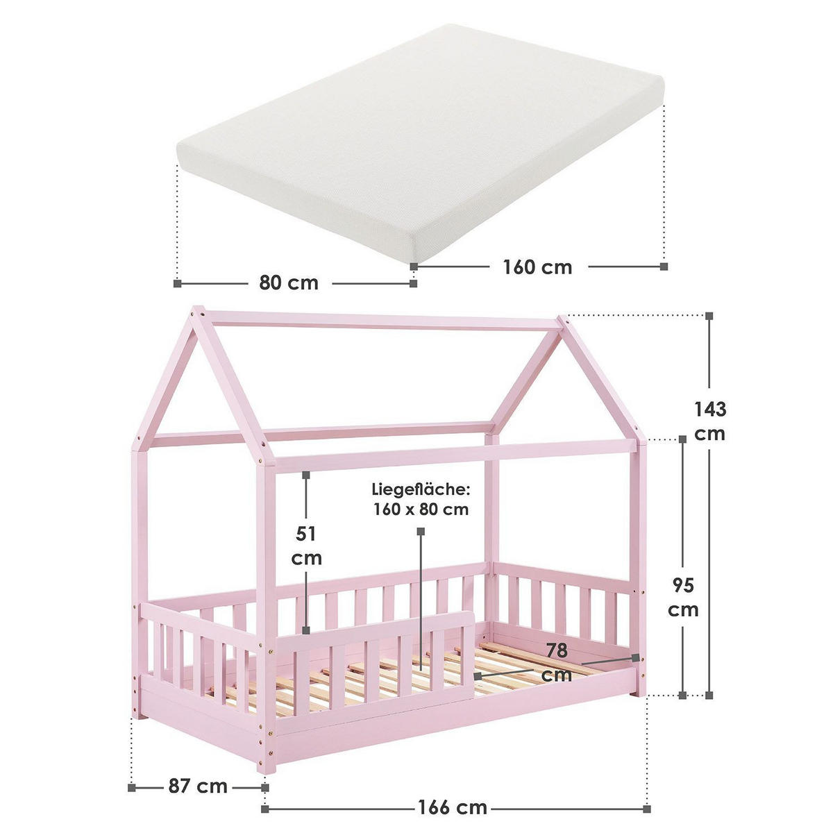 KINDERBETT Marli mit Matratze rosa 80x160 cm - Rosa, Holzwerkstoff (80/160cm) - Juskys