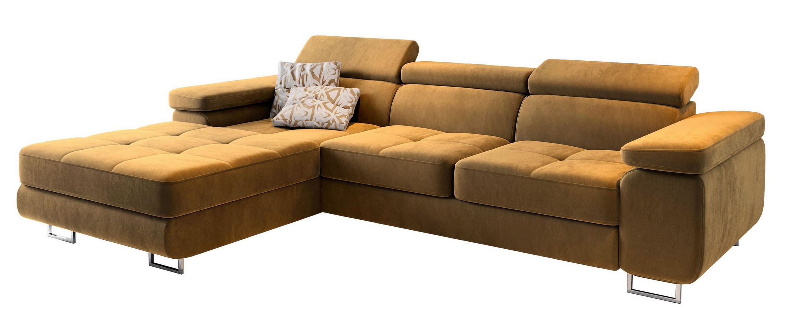 ECKSOFA ELMA L-S Gelb Velours-Stoff mit Schlaffunktion - Gelb, Holz (280/205cm) - MASSENO