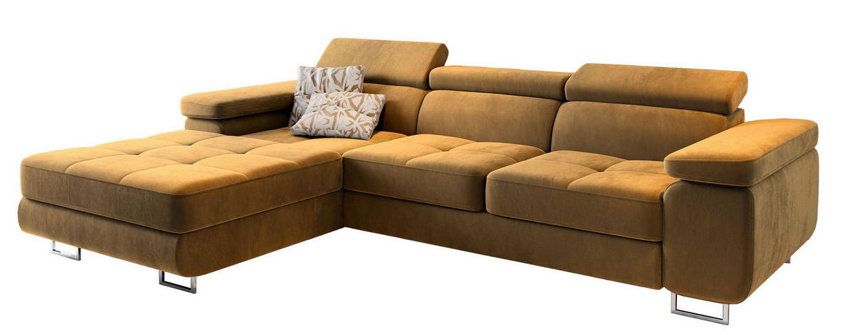 ECKSOFA ELMA L-S Gelb Velours-Stoff mit Schlaffunktion - Gelb, Holz (280/205cm) - MASSENO