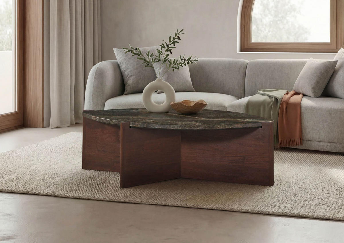 COUCHTISCH Akazie 115x65x35 braun lackiert / Marmor grün ORGANIC COLLECTION #27 - Braun, Holz (115/65/35cm) - Massivmoebel24