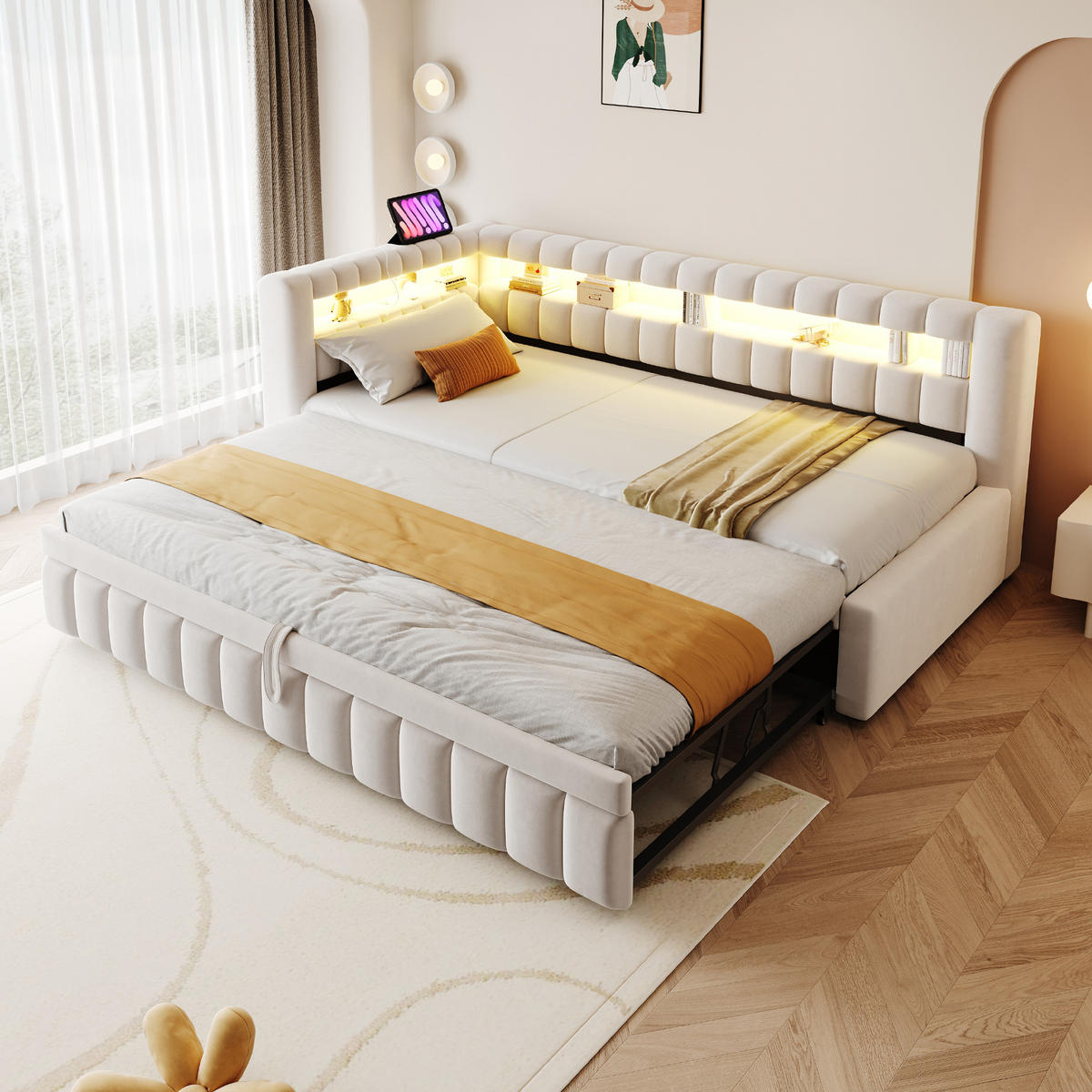 POLSTERBETT 90x200 Beige Samt LED USB - Beige, Textil (90/200cm) - FLIEKS