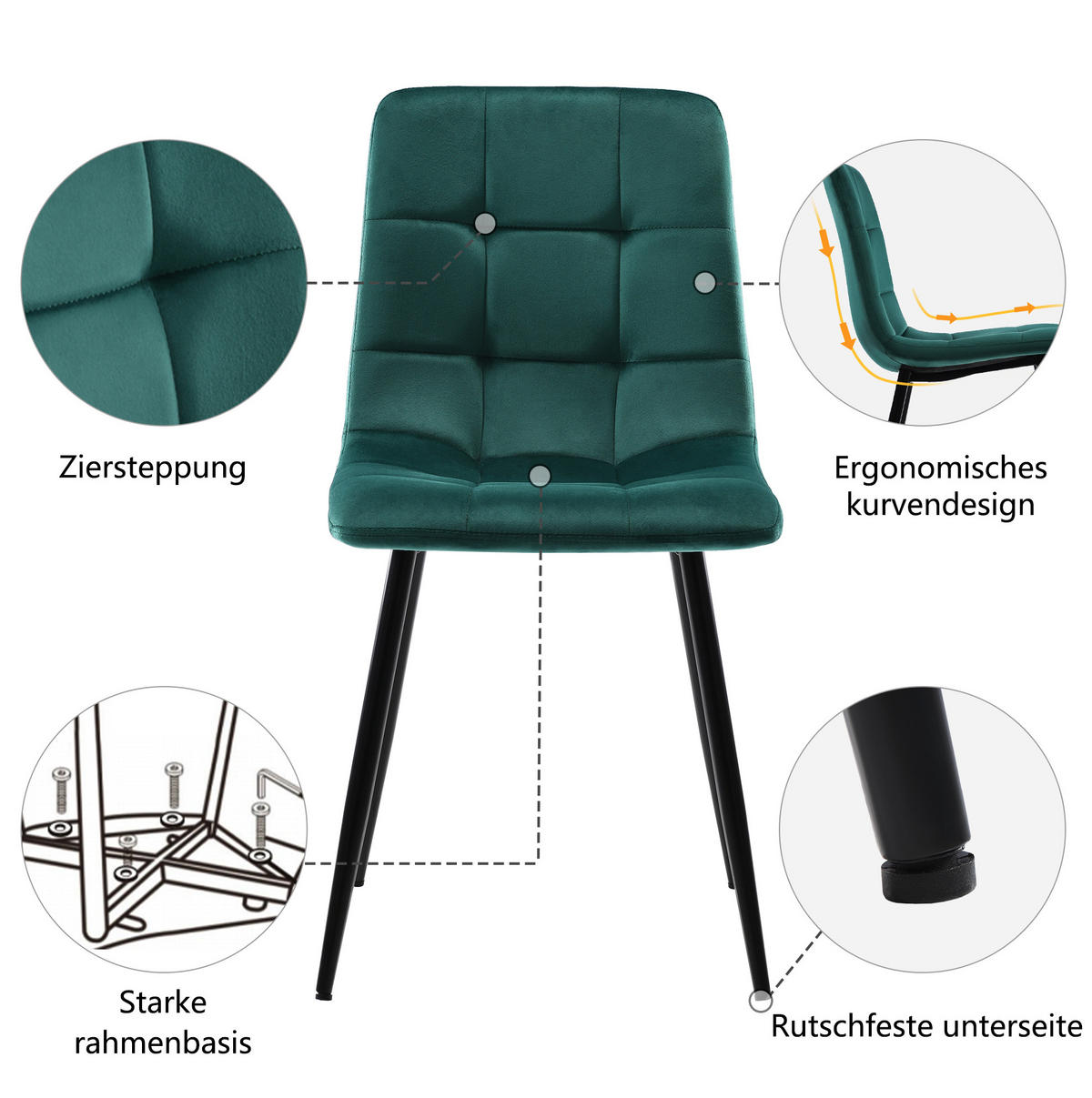 ESSZIMMERSTUHL gepolstert 4er-Set 44 x 41 x 86 cm Samt Grün - Grün, Metall (44/86/46cm) - Meubliv