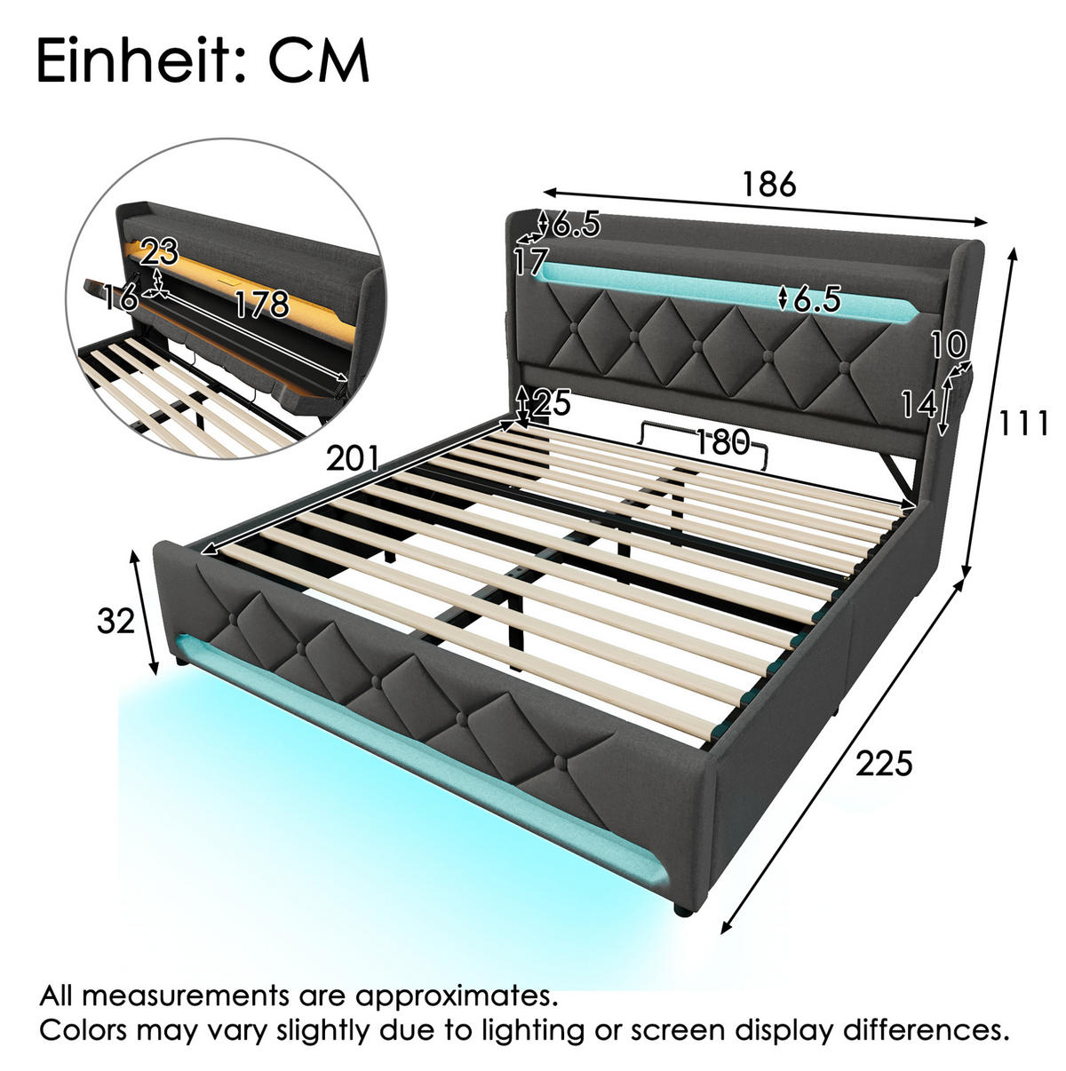 BETT mit LED und Stauraum 180x200 cm Leinen Grau - Grau, Metall (180/200cm) - Meubliv