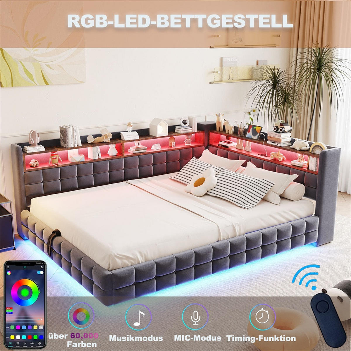 POLSTERBETT 140x200 cm mit hydraulischem Stauraum und Regal - LED Beleuchtung - USB & Typ-C - Grau - ohne Matratze - Grau, Textil (140/200cm) - DELFA