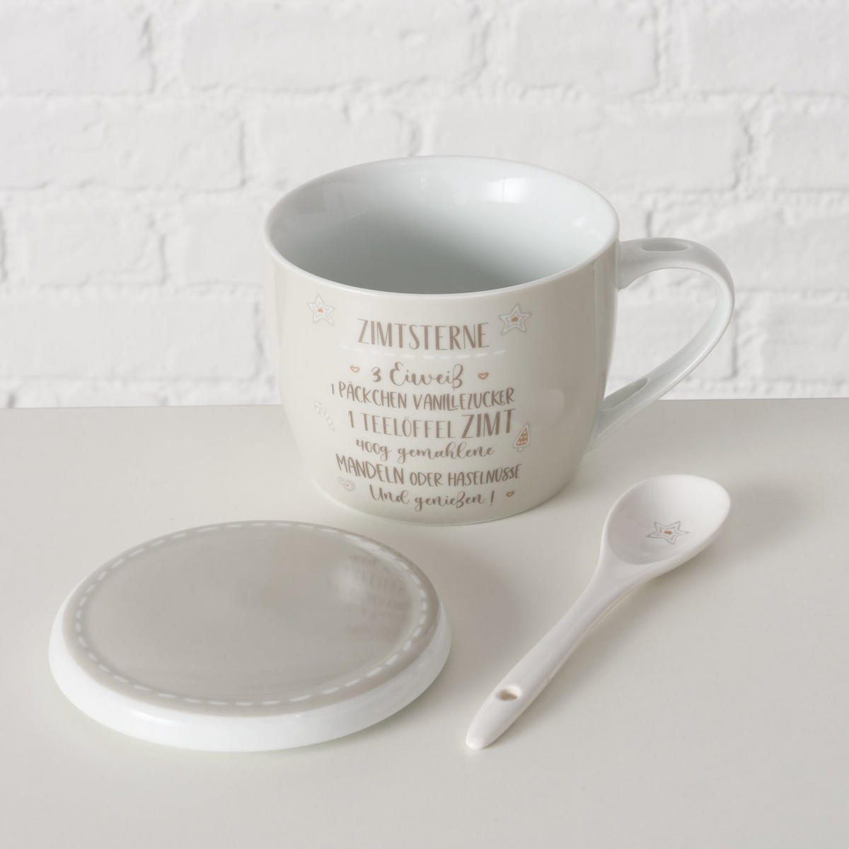 PORZELLANBECHER mit Deckel Bakery Muster 2 600 ml 17/11,5/12,5 cm - Beige, Keramik (0.6L) - Boltze Home