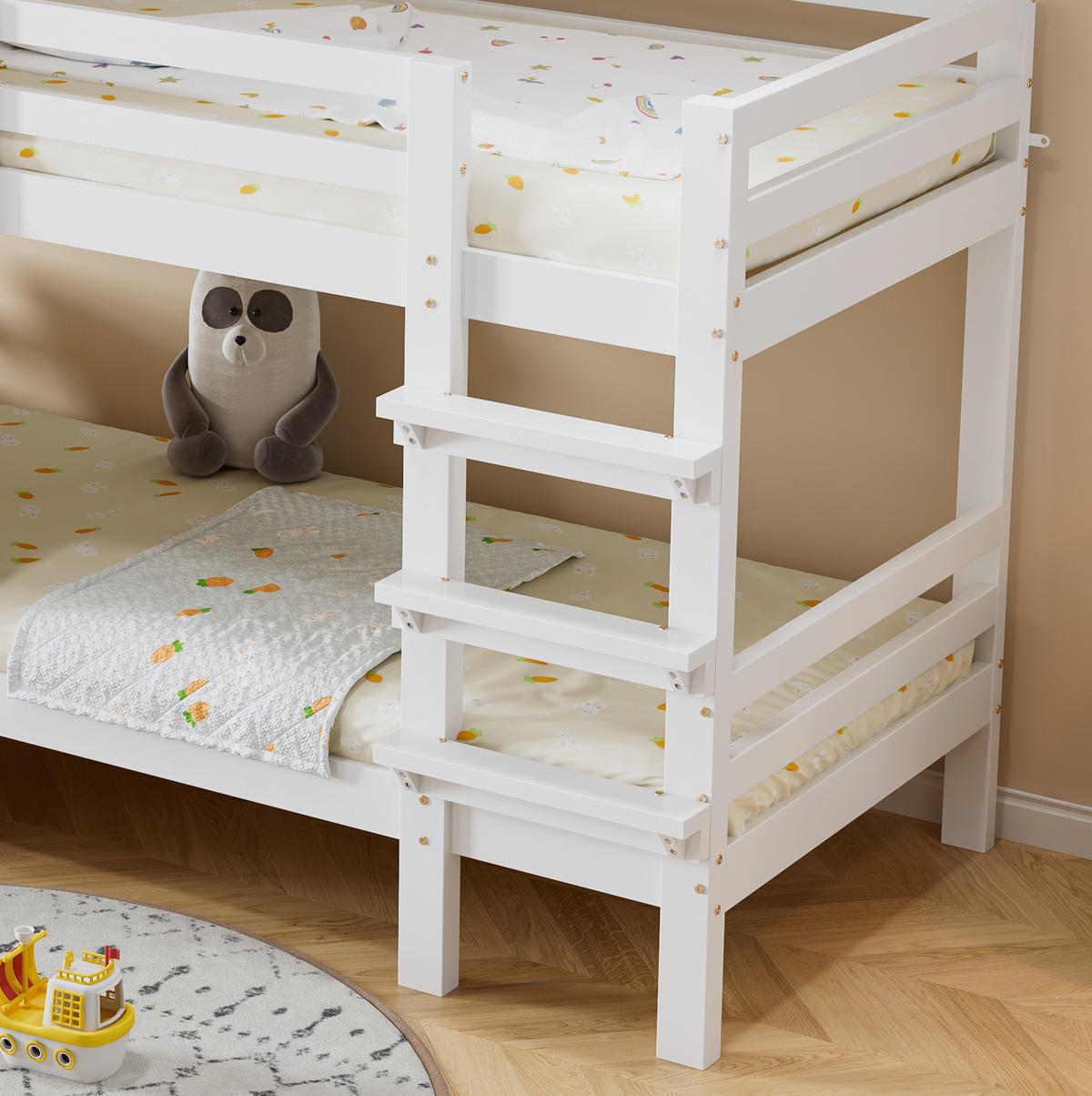 DOMČEKOVÁ posteľ z masívu a MDF, 90/200 cm biela, s oknami, strieškou a rebríkom - biela, kompozitné drevo (90/200cm) - BEAOK