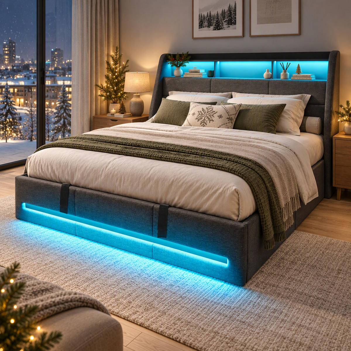 POLSTERBETT 160x200 cm,Bett mit LED-Beleuchtung und Stauraum Kopfteil - Grau, Holz/Textil (160/200cm) - PARAFTA HOME