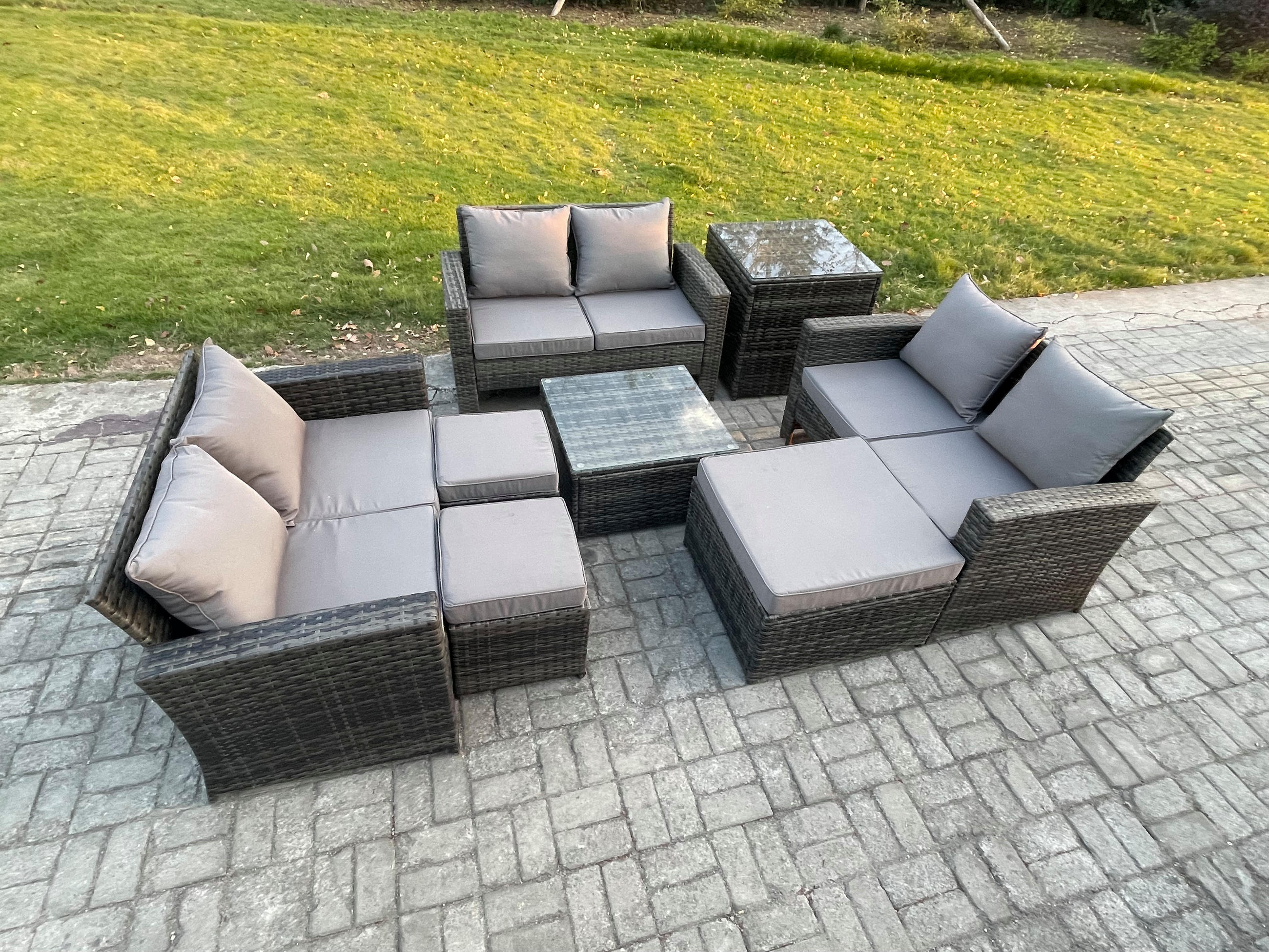 GARTENSOFA Hohe Rückenlehne Polyrattan Dunkelgrau 9-Sitzer - Dunkelgrau, Metall - Fimous