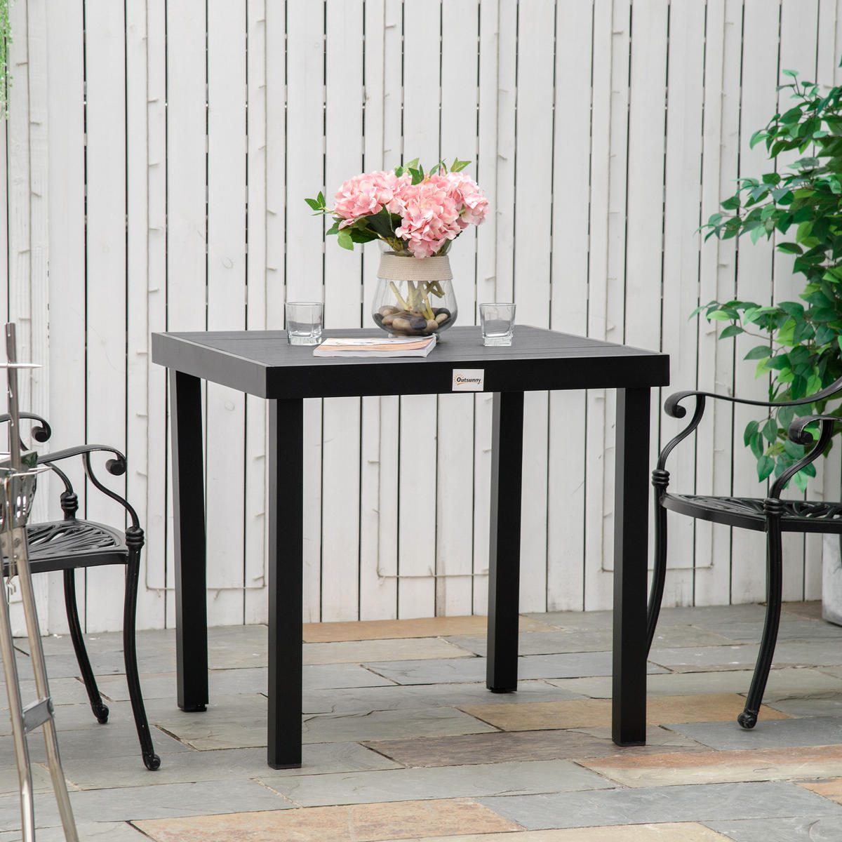 GARTENTISCH DE-07300 für 4 Personen, Holzoptik mit Aluminiumrahmen Schwarz - Schwarz, Kunststoff/Metall (78/78/74cm) - ComfortXL