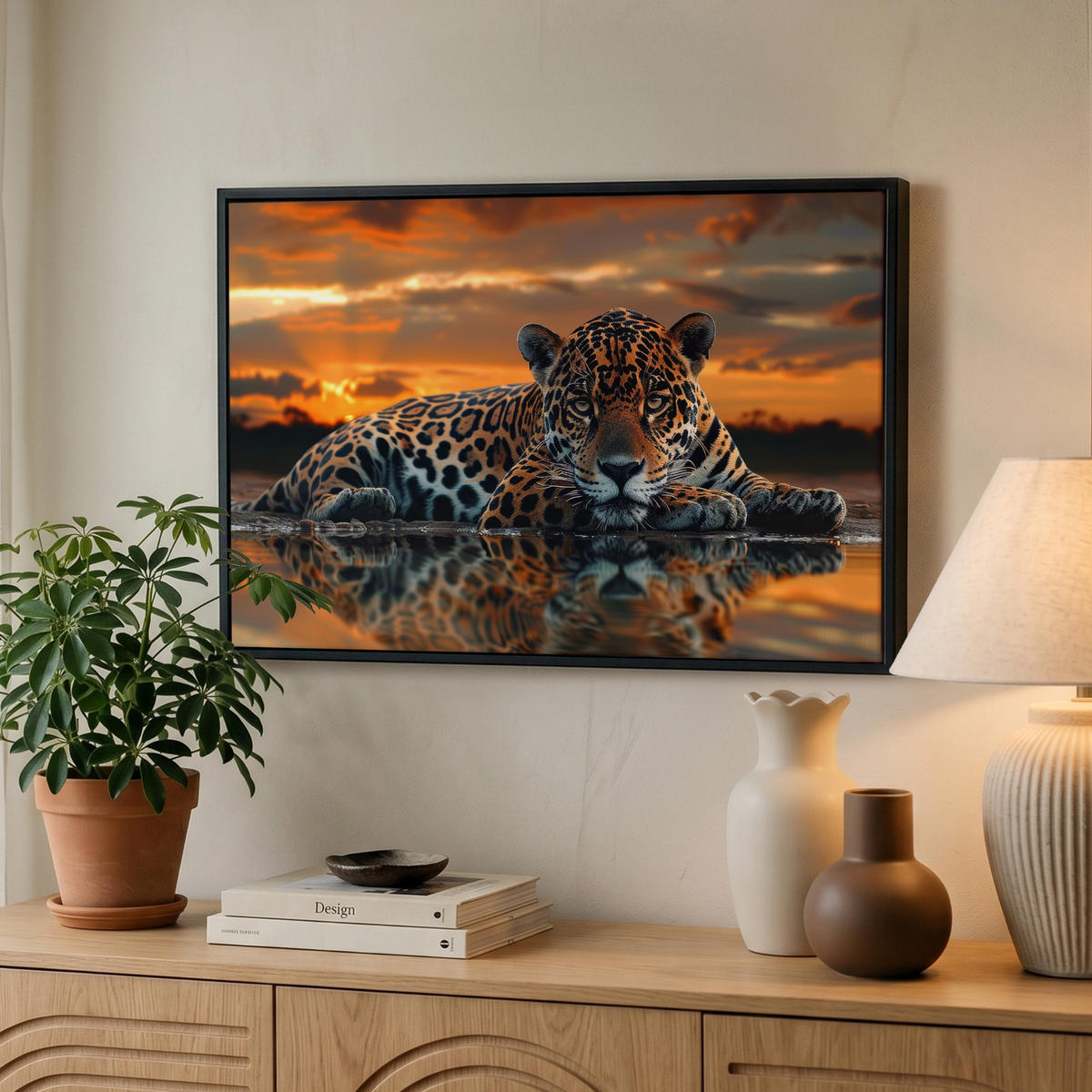 LEINWAND Bilder mit Rahmen - Natur - Leopard - Tier - Sonnenuntergang - Modern - 60x40 - Orange, Textil (60/40cm) - MuchoWow