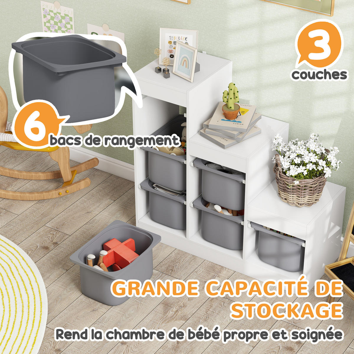 KINDERREGAL DE-17235 3 Ebenen & 6 herausnehmbare Boxen Grau - Grau, Metall (96/90/38.5cm) - ComfortXL
