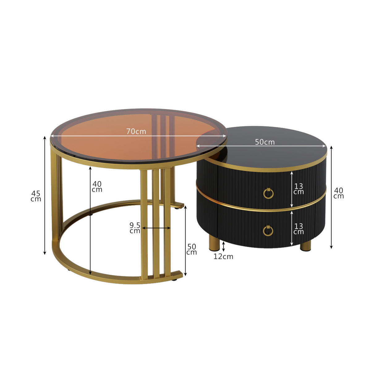 COUCHTISCH 70/50 cm schwarz aus Glas, MDF und Massivholz mit Schubladen - Schwarz, Holzwerkstoff (70/70/45cm) - OKMYHOME
