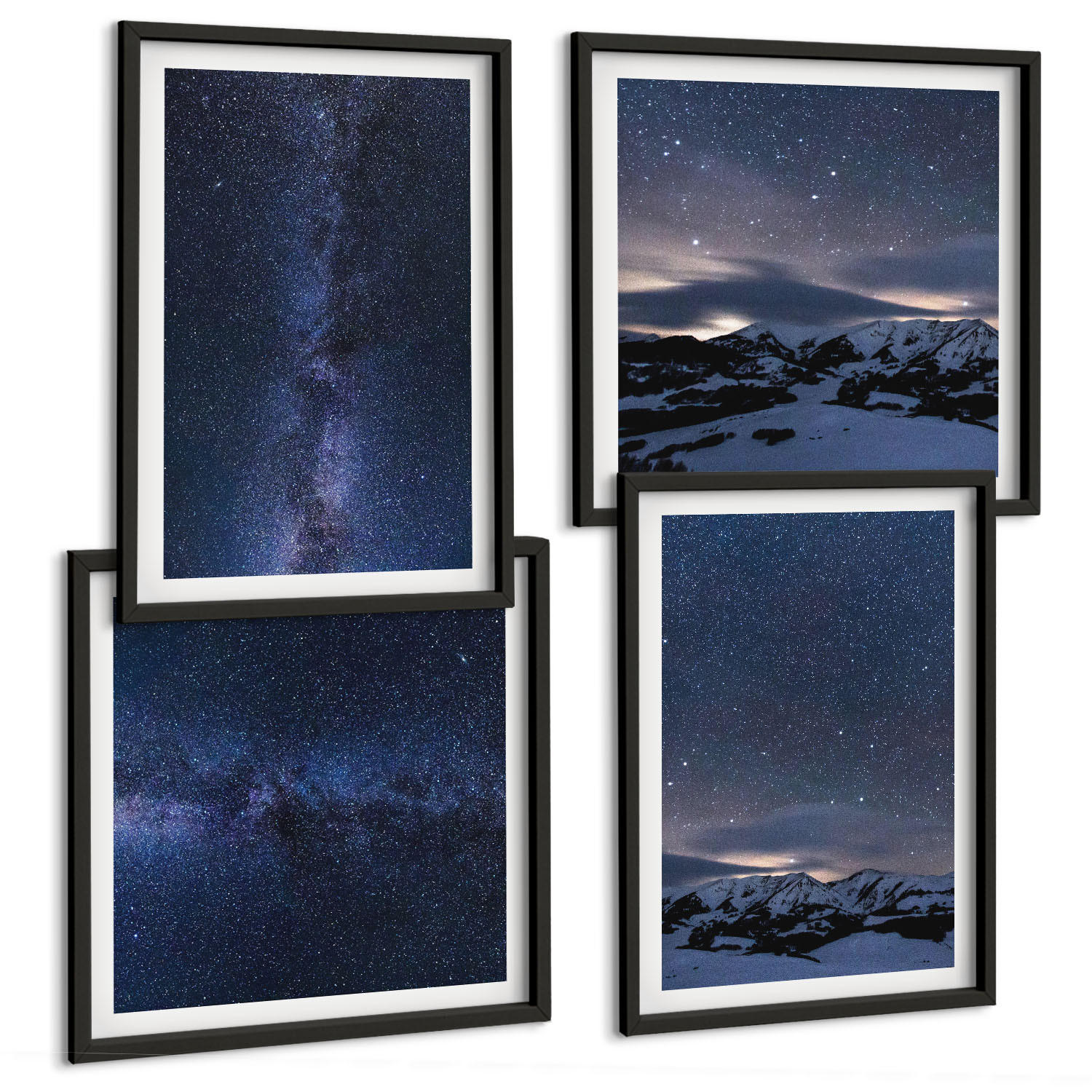 BILDER SET 4er Set - 50x50 cm & 40x60 cm Schwarzer Rahmen - Nachthimmel, Berge, Sterne - Schwarz, Kunststoff (50/50cm) - TULUP
