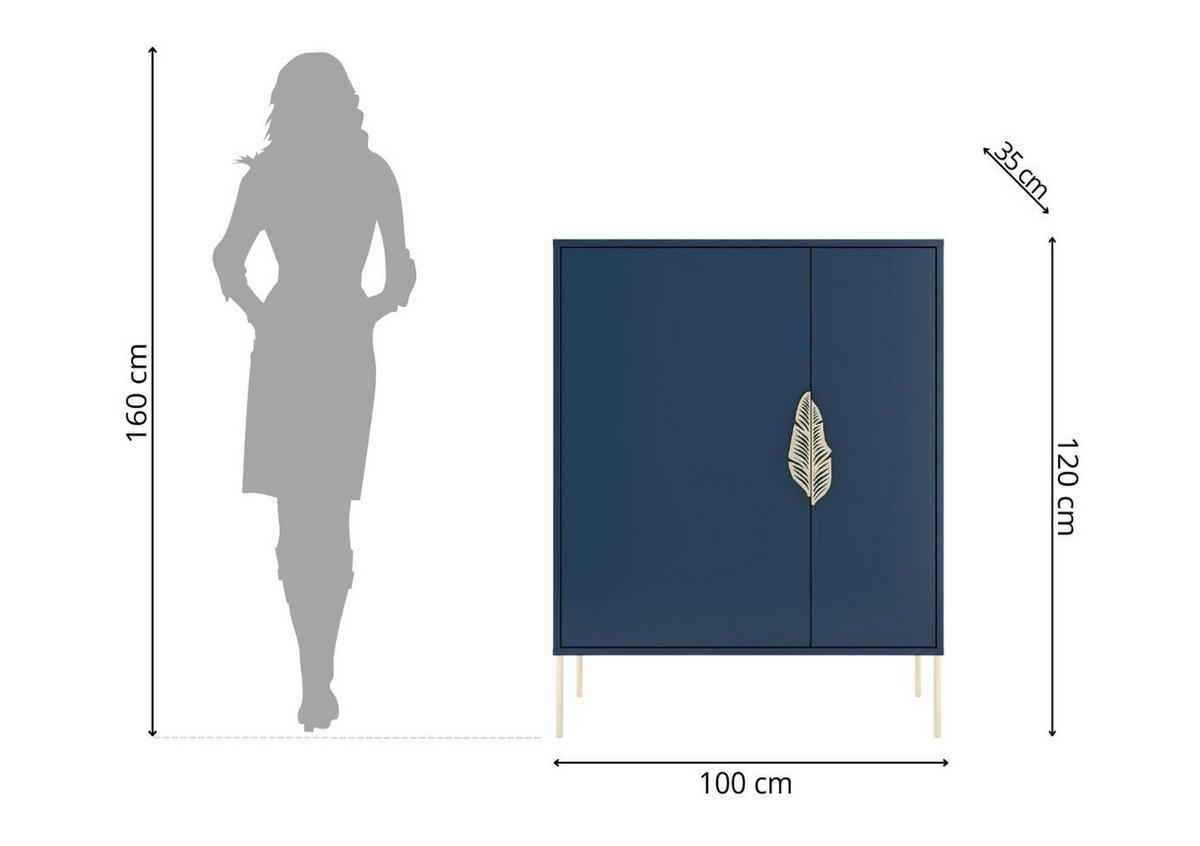 SCHUHSCHRANK Merlin, Marinblau, Goldene Details - Goldfarben/Dunkelblau, Holzwerkstoff/Metall (100/120/35cm) - Skandica