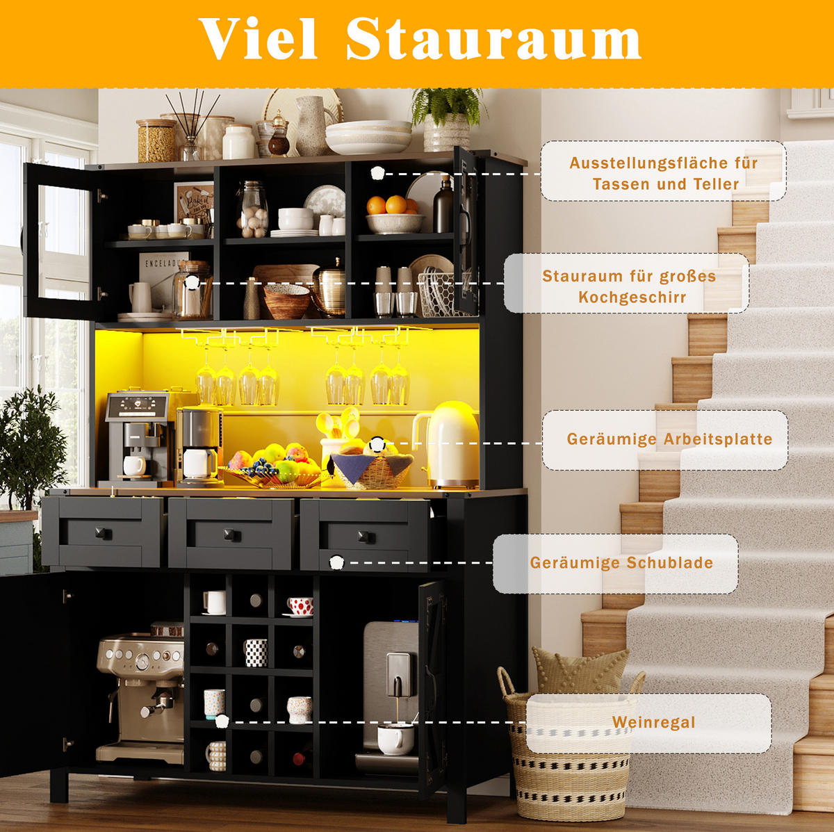 BUFFET 120/40/170 cm schwarz aus MDF und Glas mit LED - Schwarz, Holzwerkstoff (120/170/40cm) - OKWISH