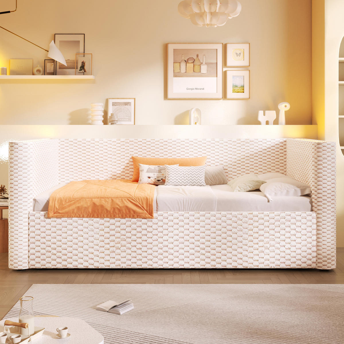 POLSTERBETT 90/200 cm mit LED-Beleuchtung, hydraulischem Stauraum und Lattenrost aus Samt, Beige - Beige, Textil (90/200cm) - Redom
