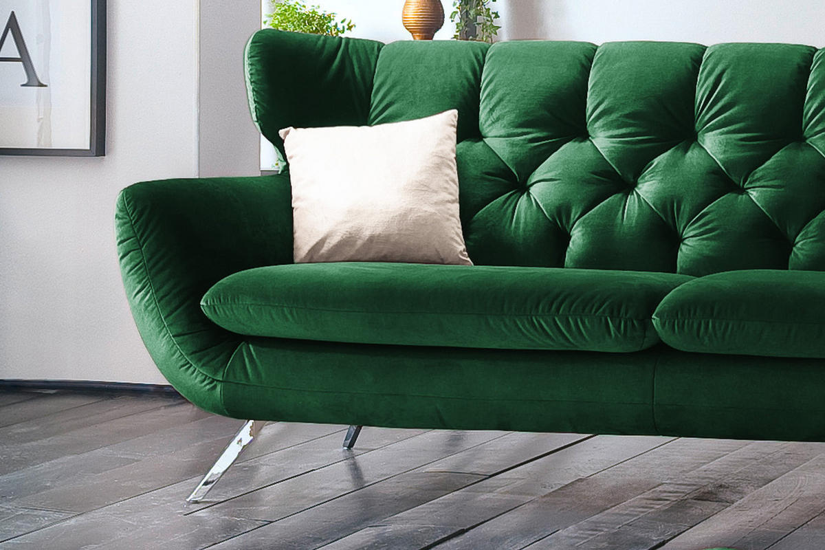 SOFA CHARME Smaragdgrün Velvet - Smaragdgrün/Dunkelbraun, Textil (225/94/95cm) - KAWOLA