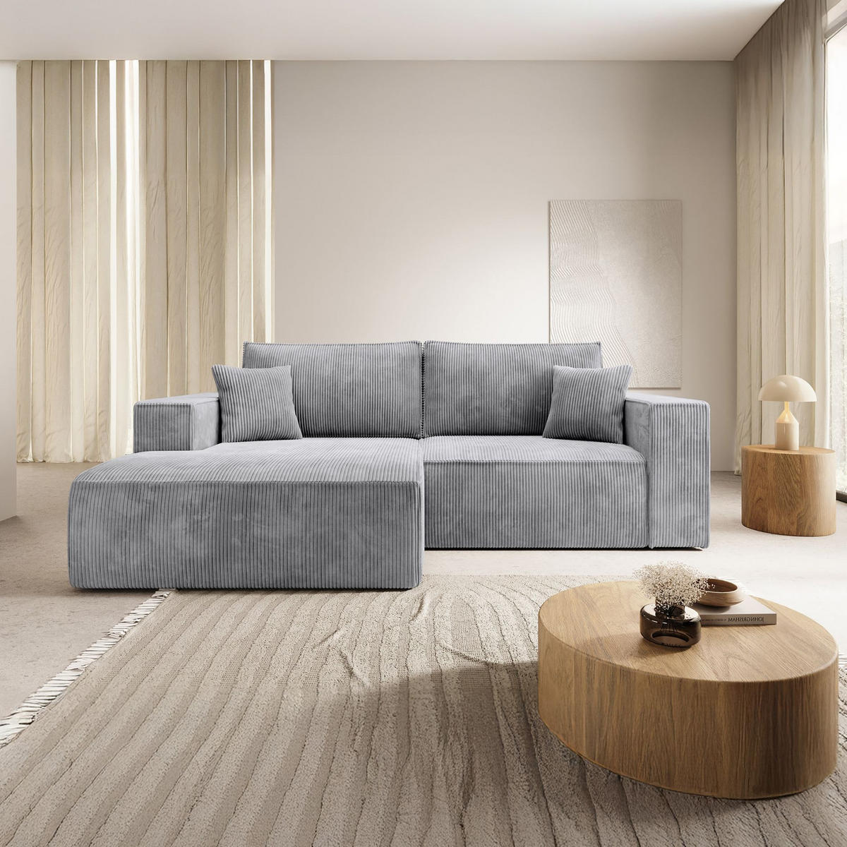 ECKSOFA Farese Mini mit Cordbezug Hellgrau, links - Hellgrau/Schwarz, Textil (240/167cm) - Selsey