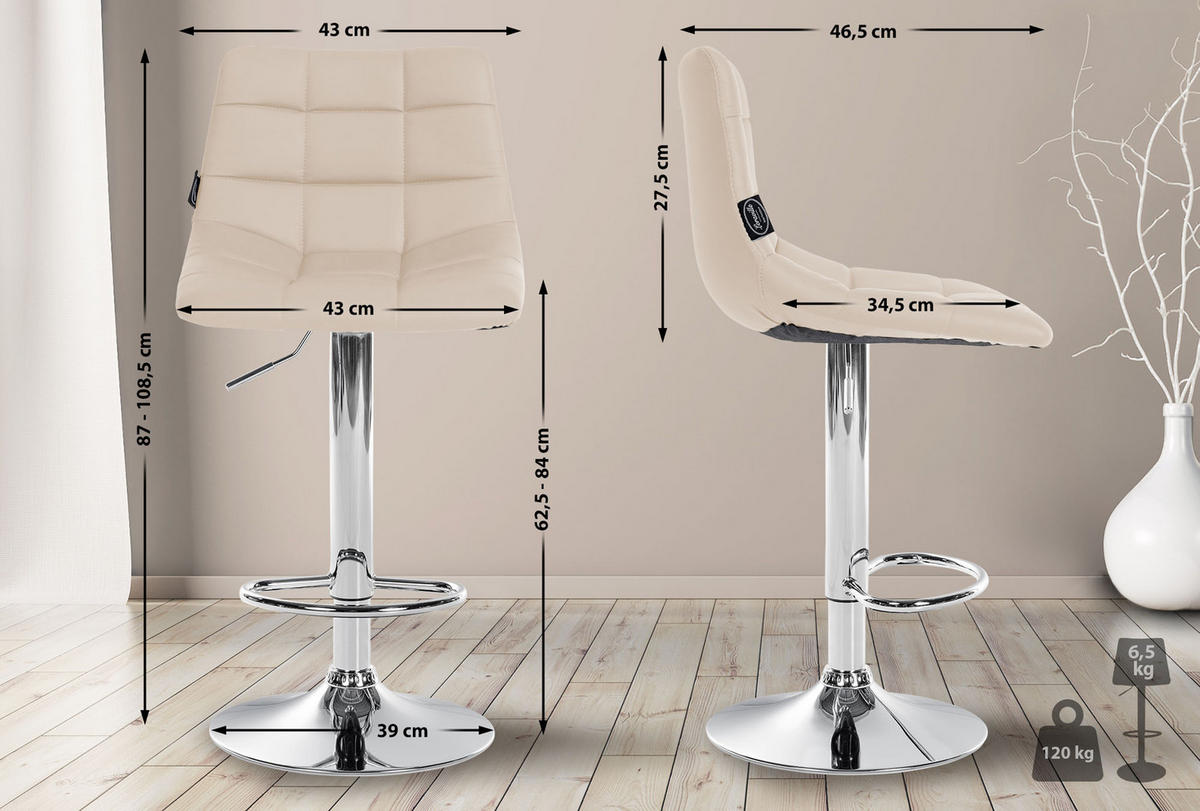 BARHOCKER 2er Set James Kunstleder chrom creme - Chromfarben/Naturfarben, Kunststoff/Metall (43/108.5/46.5cm) - TPFLiving