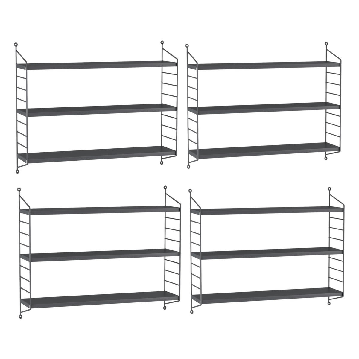 SADA NÁSTĚNNÝCH POLIČEK 4 KS Strängnäs - tmavě šedá, kov (60/50/15cm) - [en.casa]