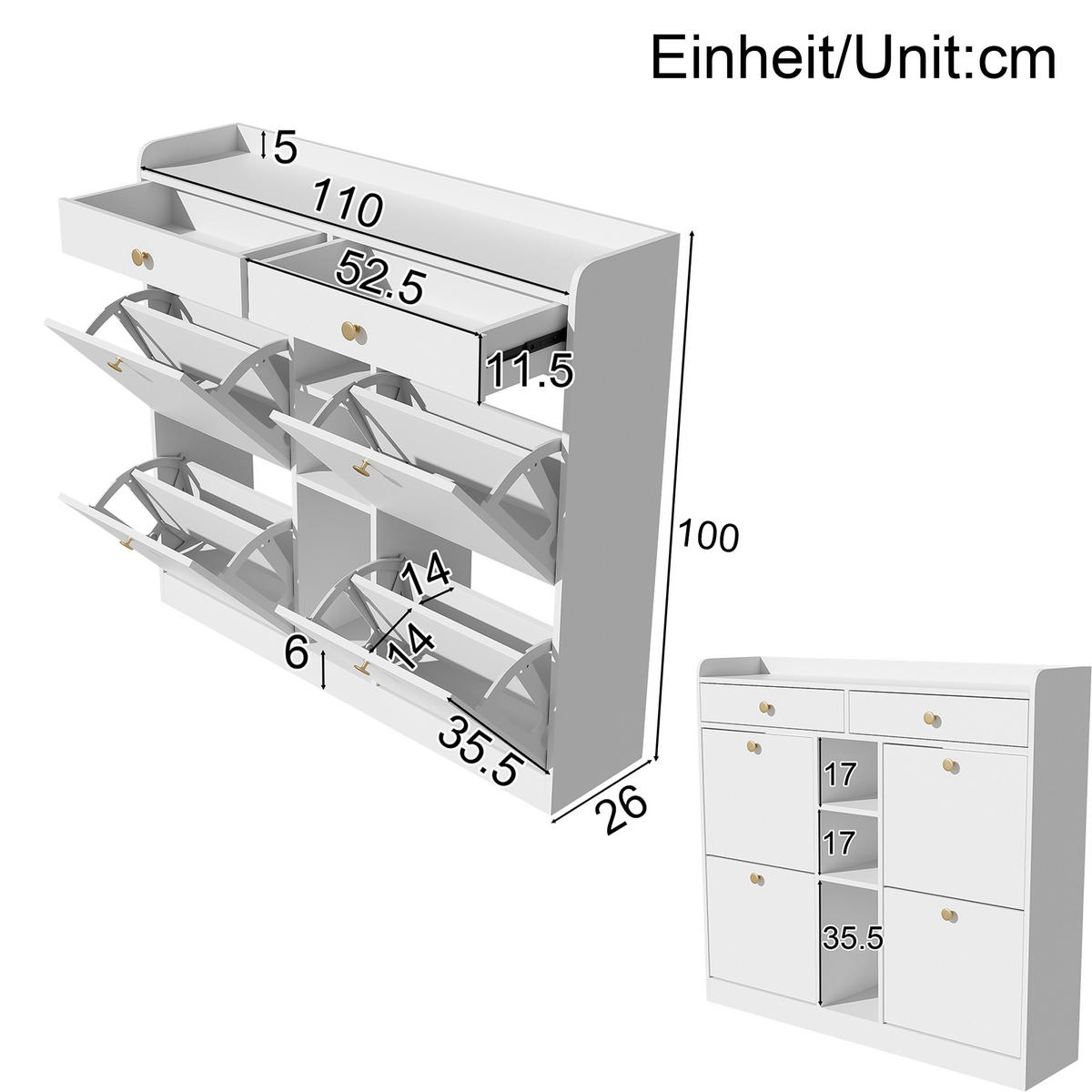 SCHUHSCHRANK aus Spanplatte 110x26x100cm in Weiß mit 4 Klapptüren - Weiß, Holzwerkstoff (110/100/26cm) - Modfu