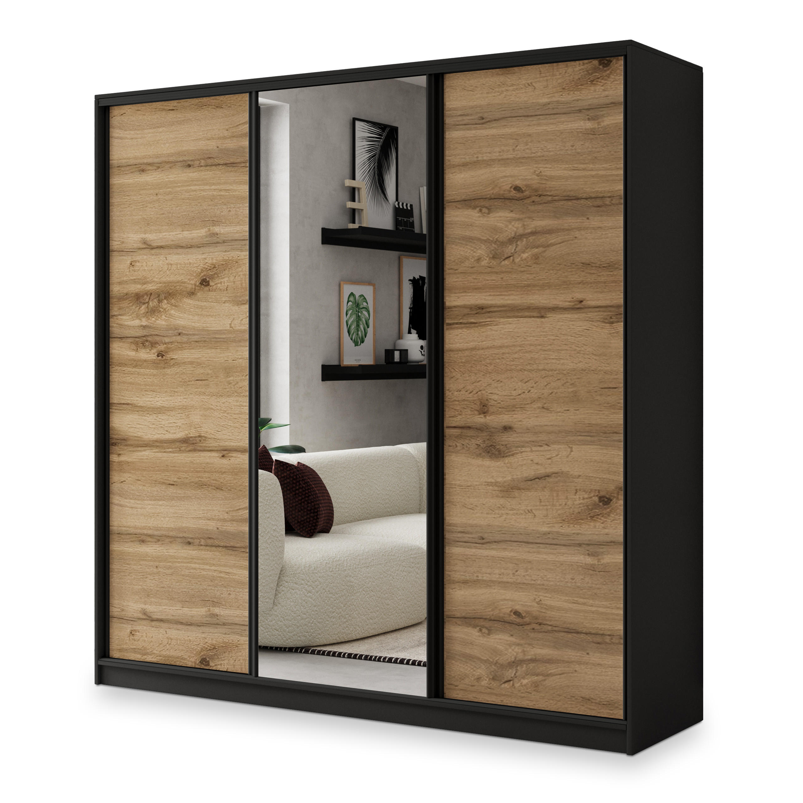 Masseno Schwebetürenschrank Schwarz, Eiche Wotan 180x205x58 cm