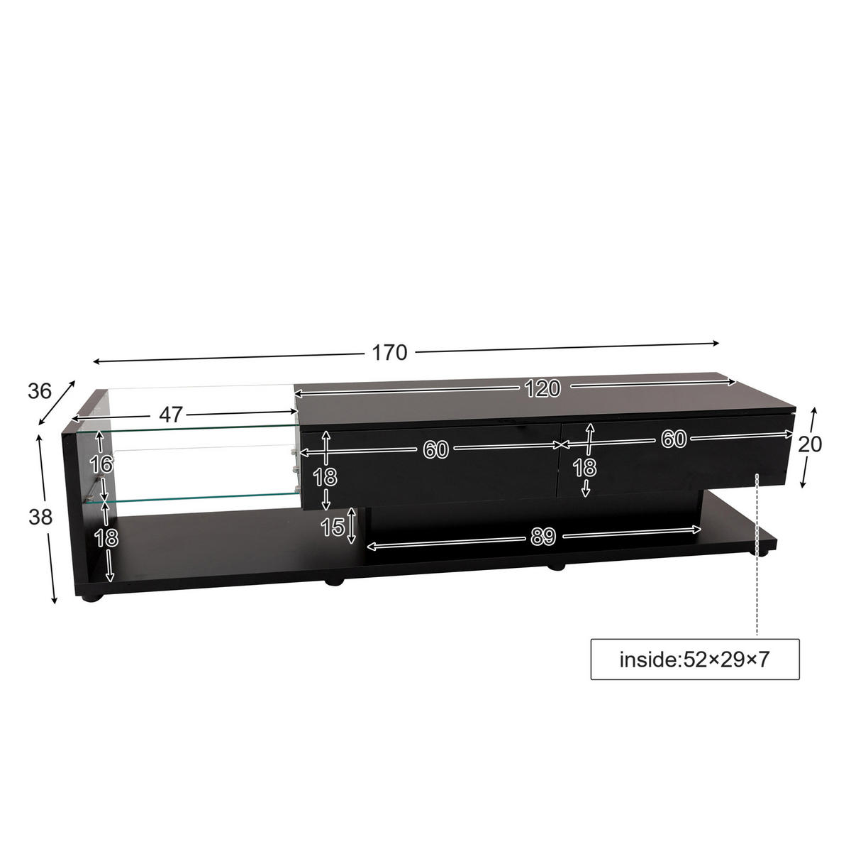 TV-LOWBOARD aus Spanplatte 170x36x38 cm Schwarz Hochglanz mit LED-Beleuchtung, App-Steuerung und Glasböden - Schwarz, Holzwerkstoff (170/38/36cm) - Modfu