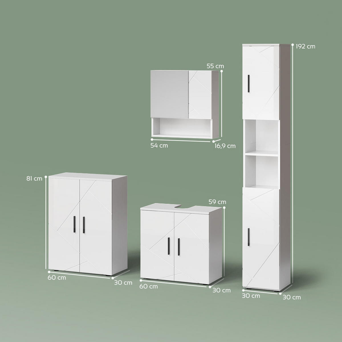 BADMÖBEL-SET Ronco Weiß Hochglanz 4 Teile, mit Hochschrank und Kommode - Weiß Hochglanz/Weiß, Holzwerkstoff (60/192/30cm) - Livinity®