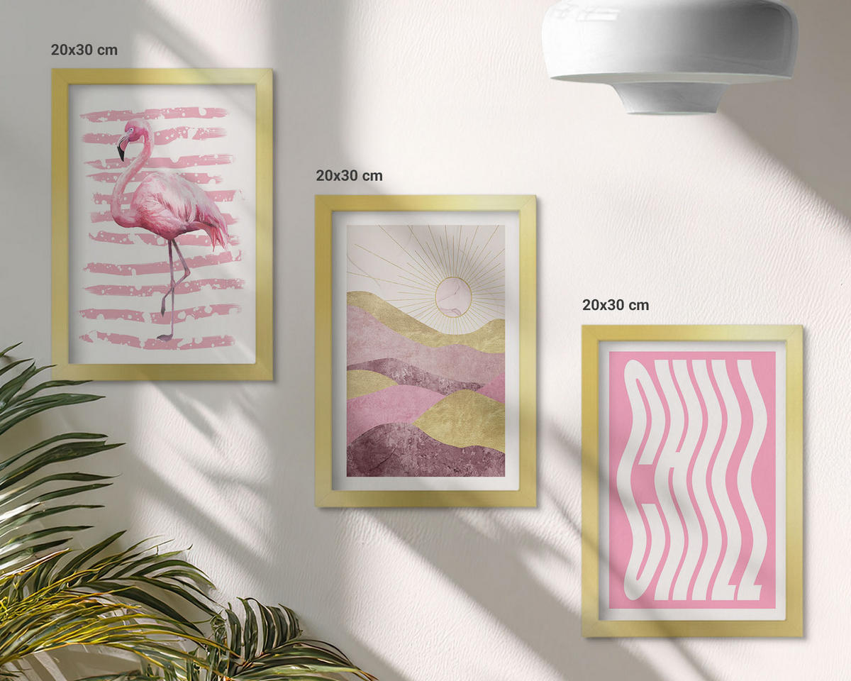 WANDBILDER 3er Set - 20x30 cm Goldrahmen - Pastelllandschaft mit rosa Flamingos - Goldfarben, Kunststoff (20/30cm) - ArtPrintCave