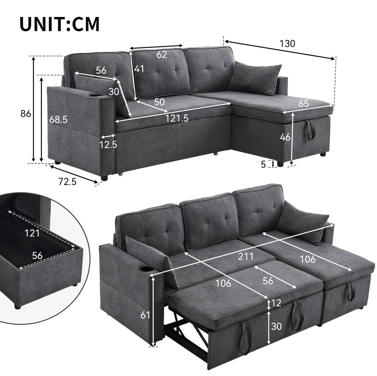 SCHLAFSOFA 211/130 cm in Grau – mit Stauraum und austauschbarer Chaiselongue - Grau, Textil (130/86/211cm) - BEAOK