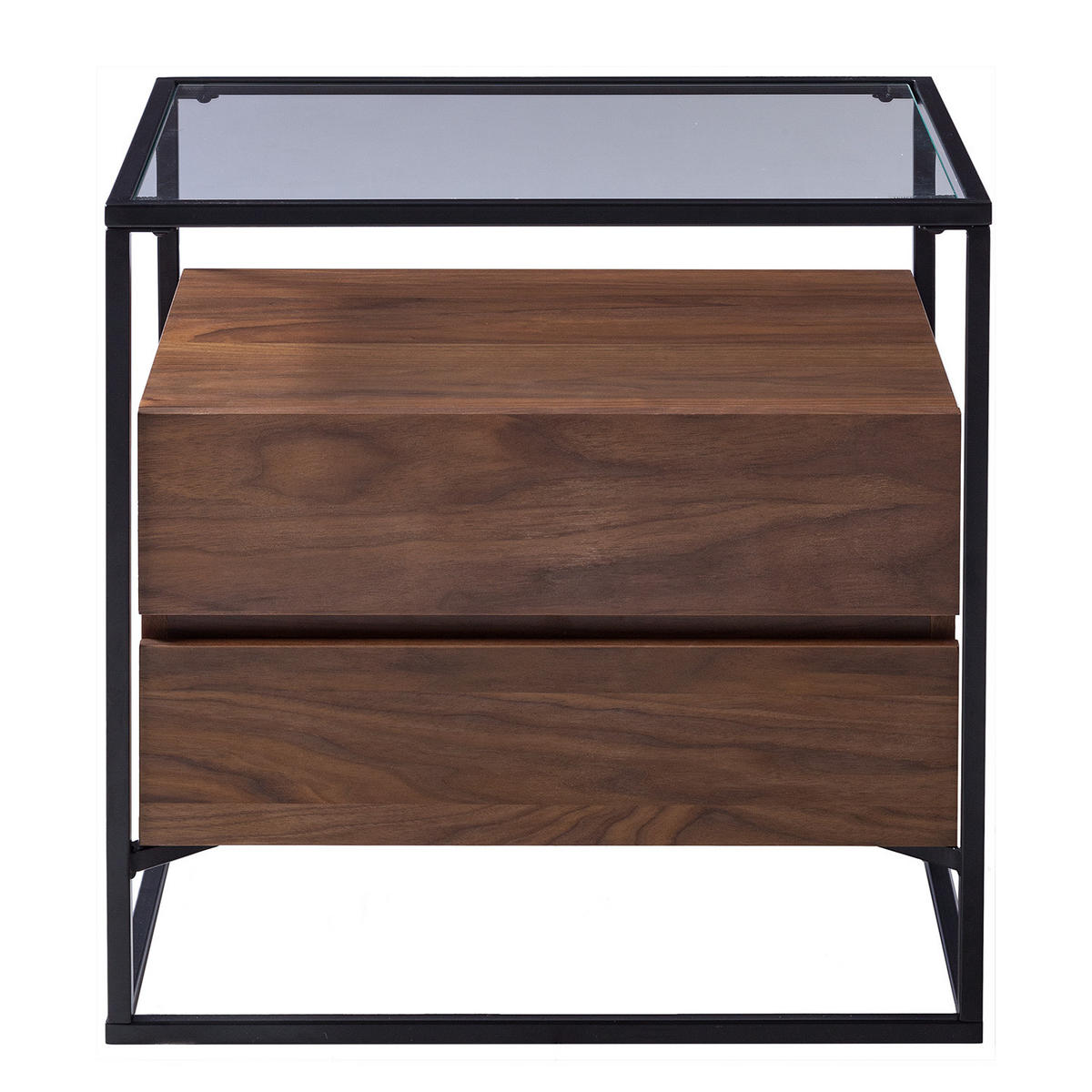 BEISTELLTISCH mit Schubladen - Echtholzfurnier / Metall - Walnuss / Schwarz - Braun, Glas/Holzwerkstoff (43/54/54cm) - home24